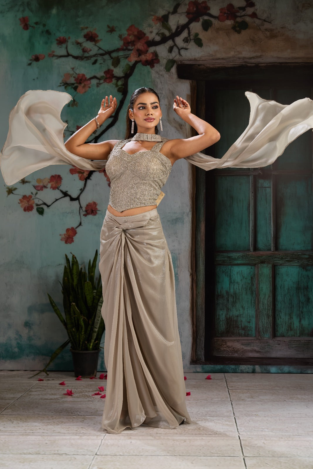 Ash Grey Embellished Metallic Shimmer Silk Skirt Set