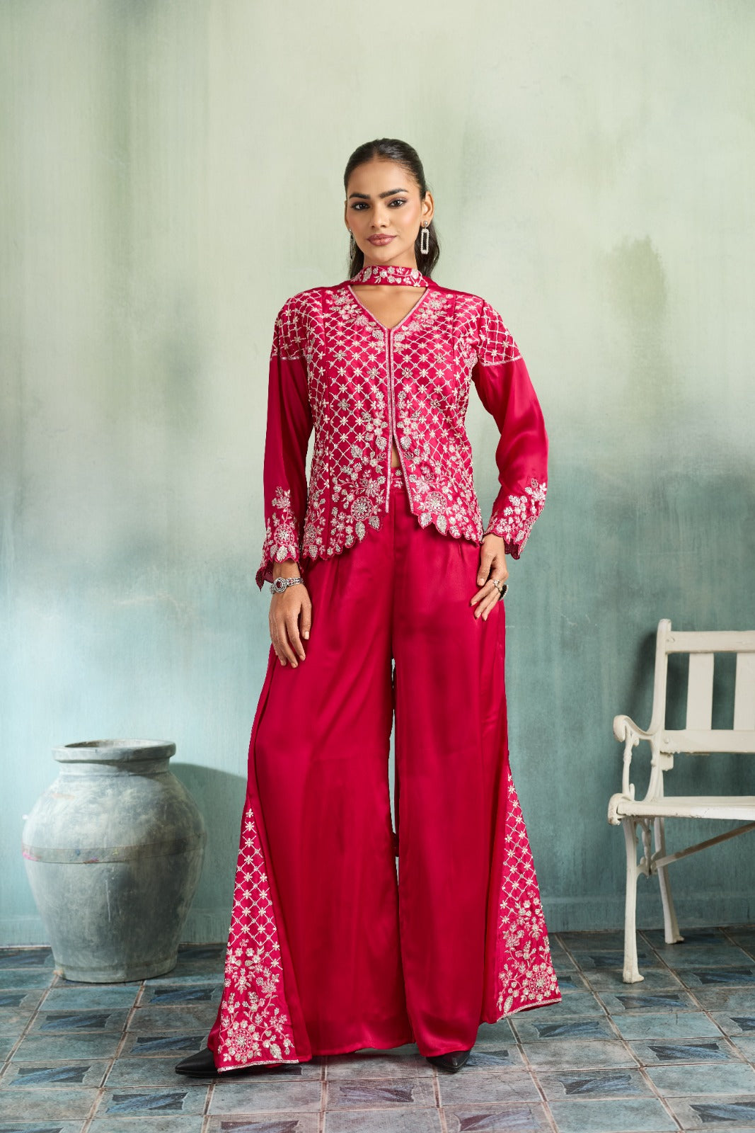 Rani Pink Embellished Crepe Silk Palazzo Set