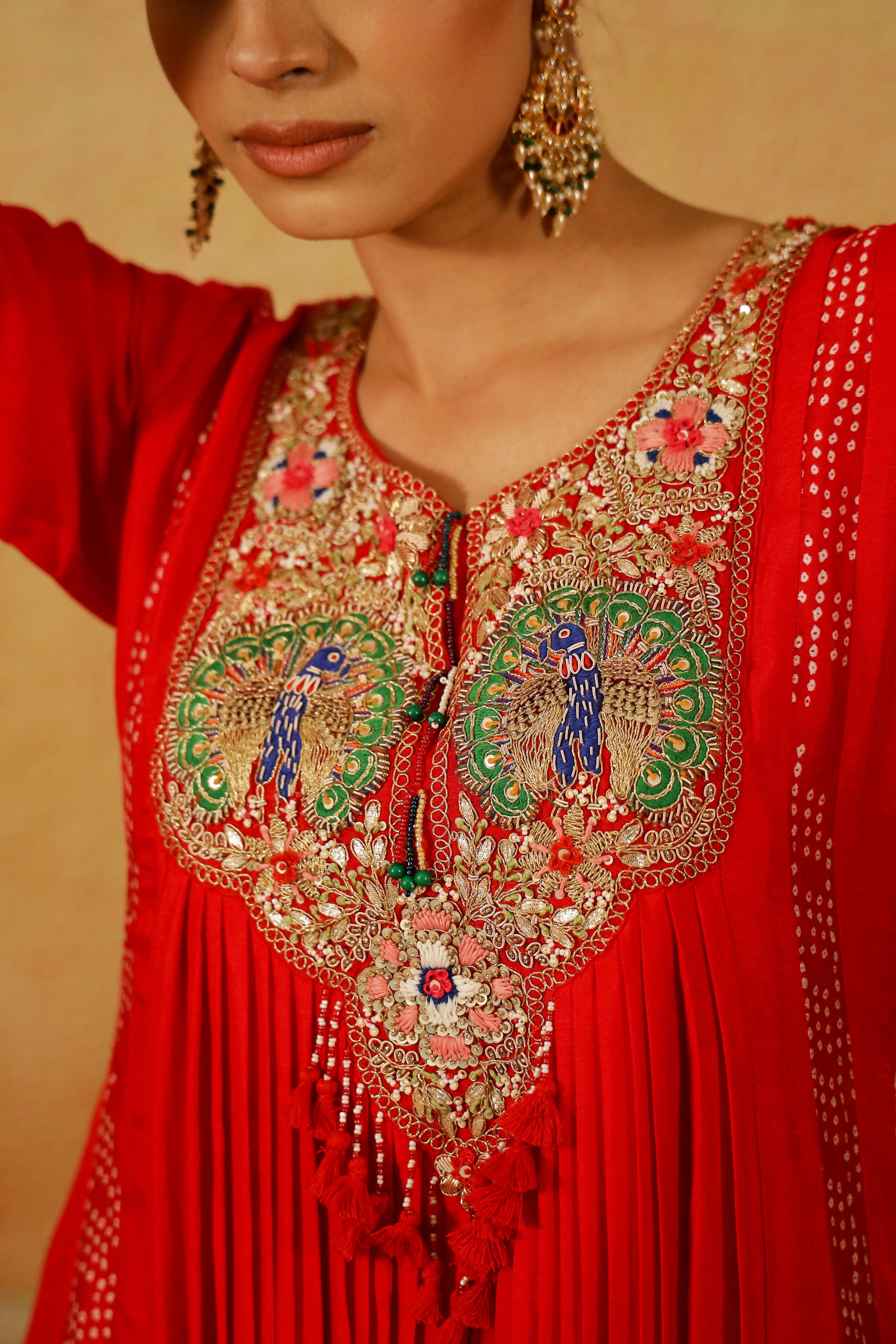 Hot Red Embroidered Raw Silk Gown