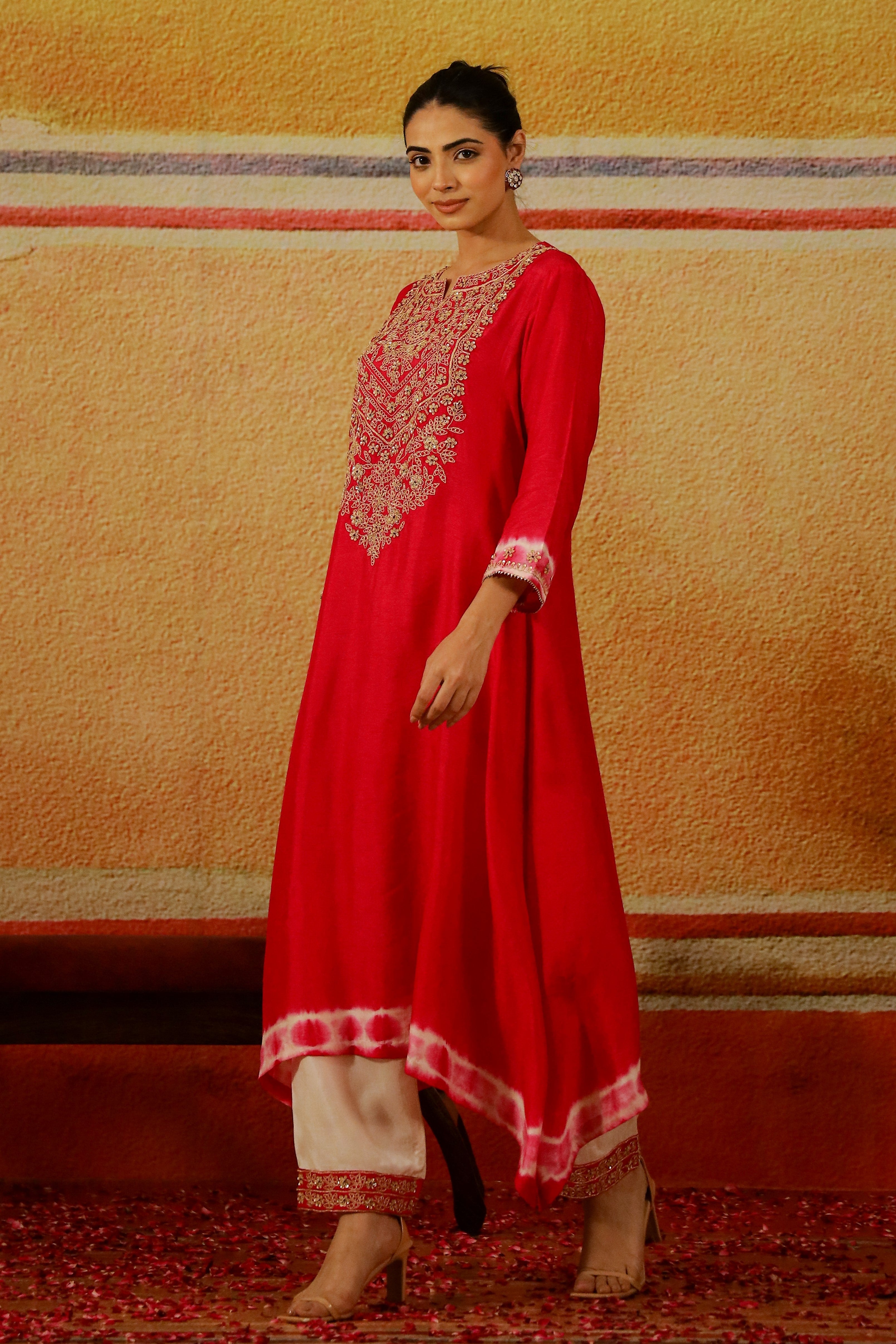 Bright Pink Embroidered Raw Silk Kurta Set