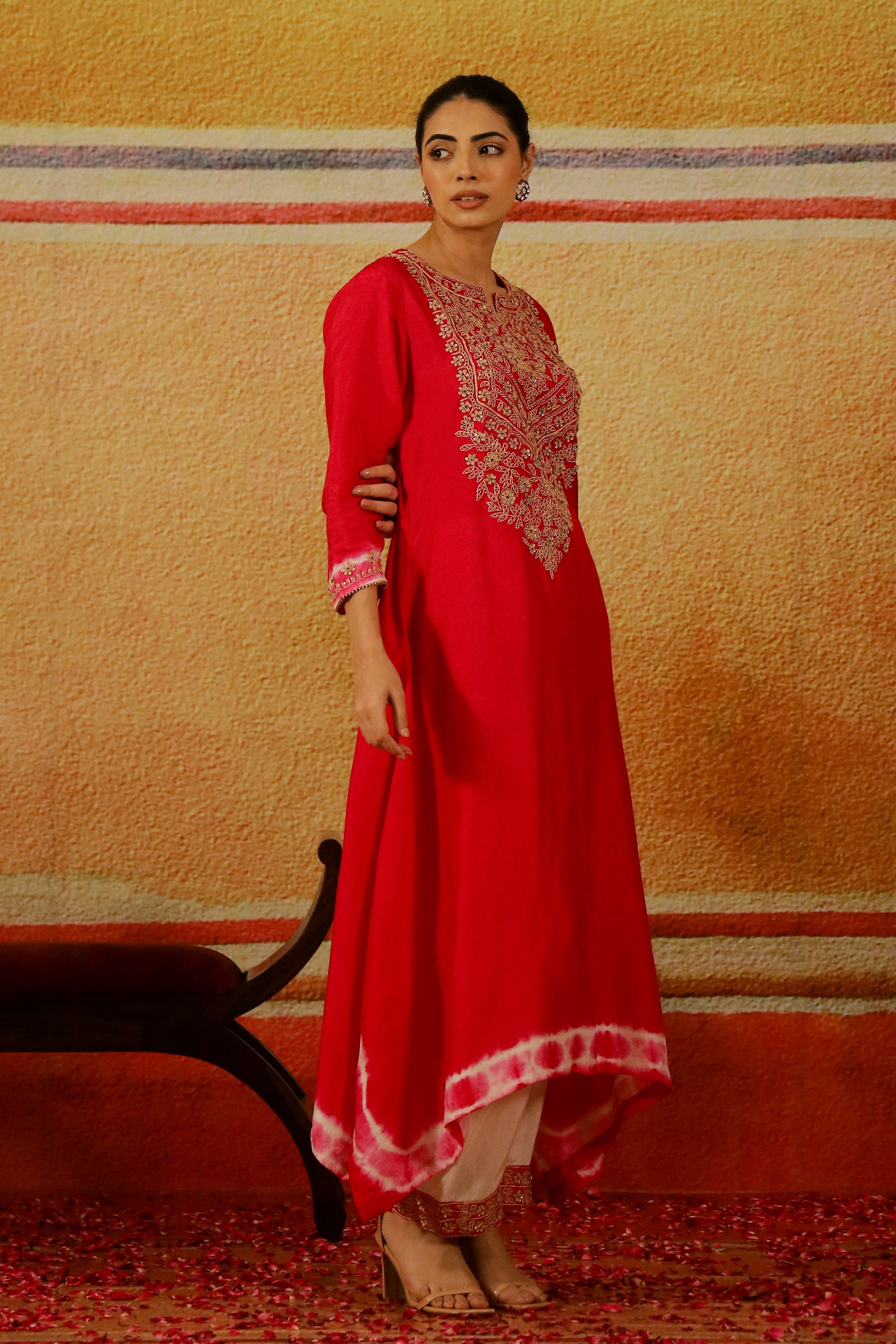 Bright Pink Embroidered Raw Silk Kurta Set