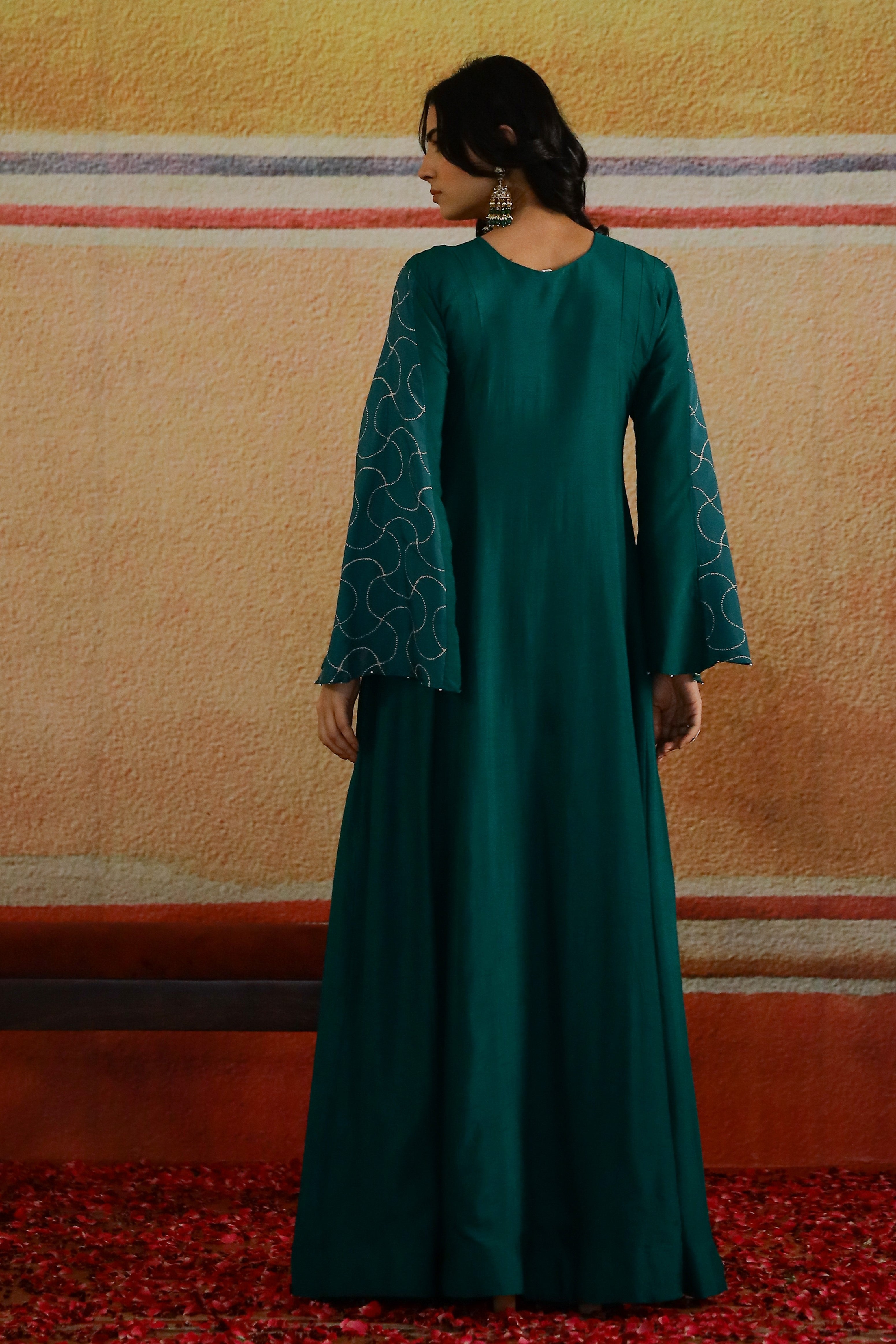 Emerald Green Embroidered Raw Silk Gown