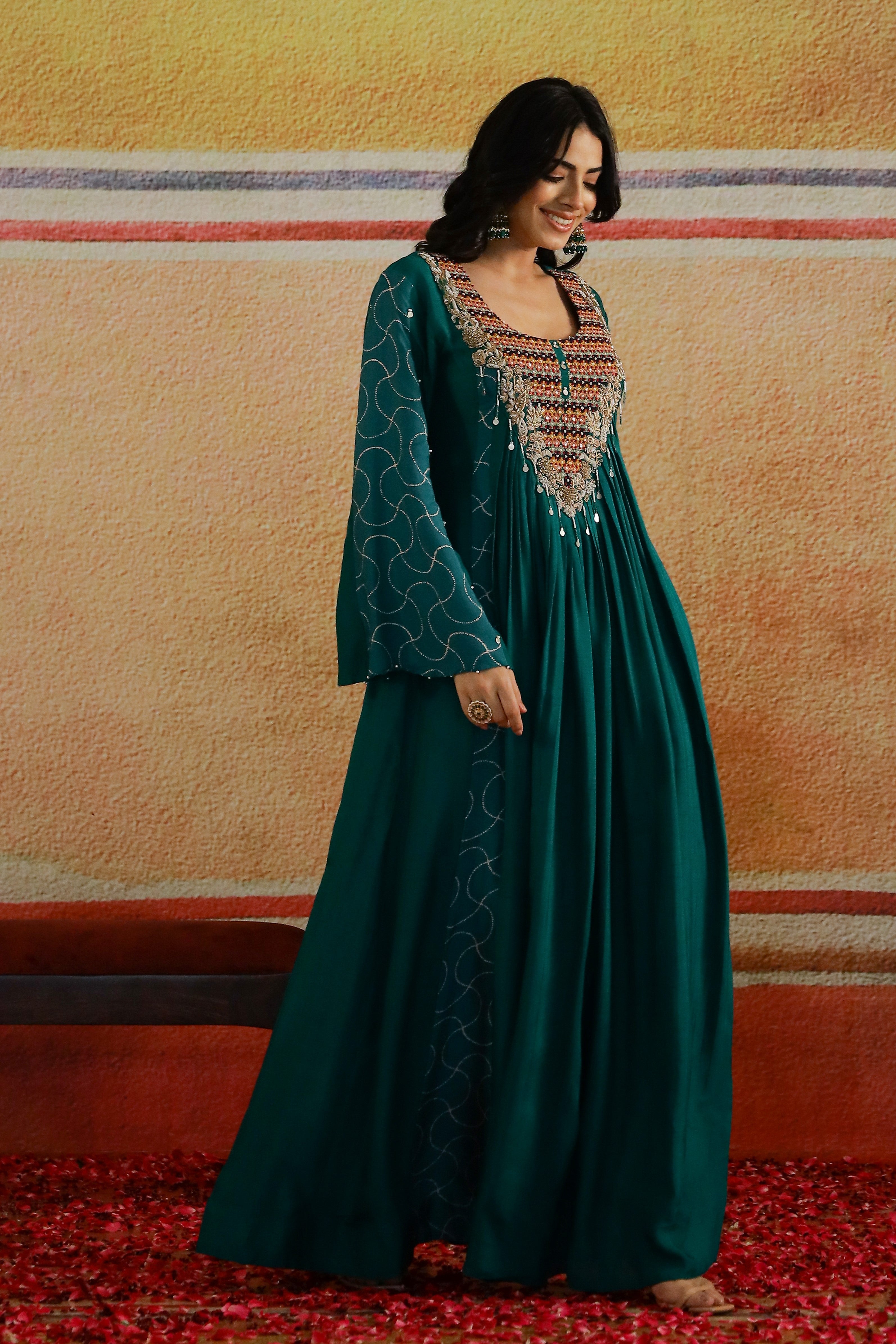 Emerald Green Embroidered Raw Silk Gown