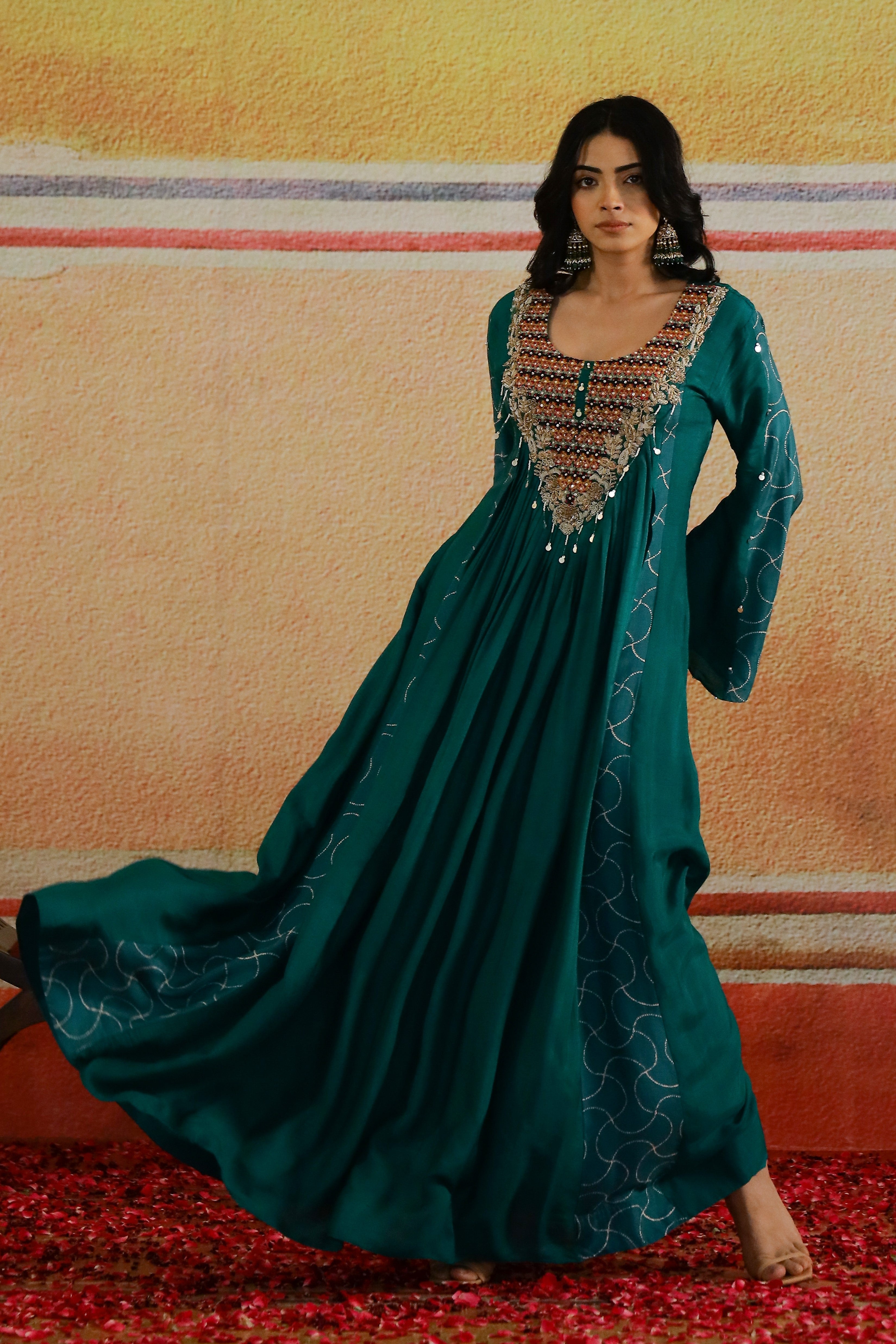 Emerald Green Embroidered Raw Silk Gown