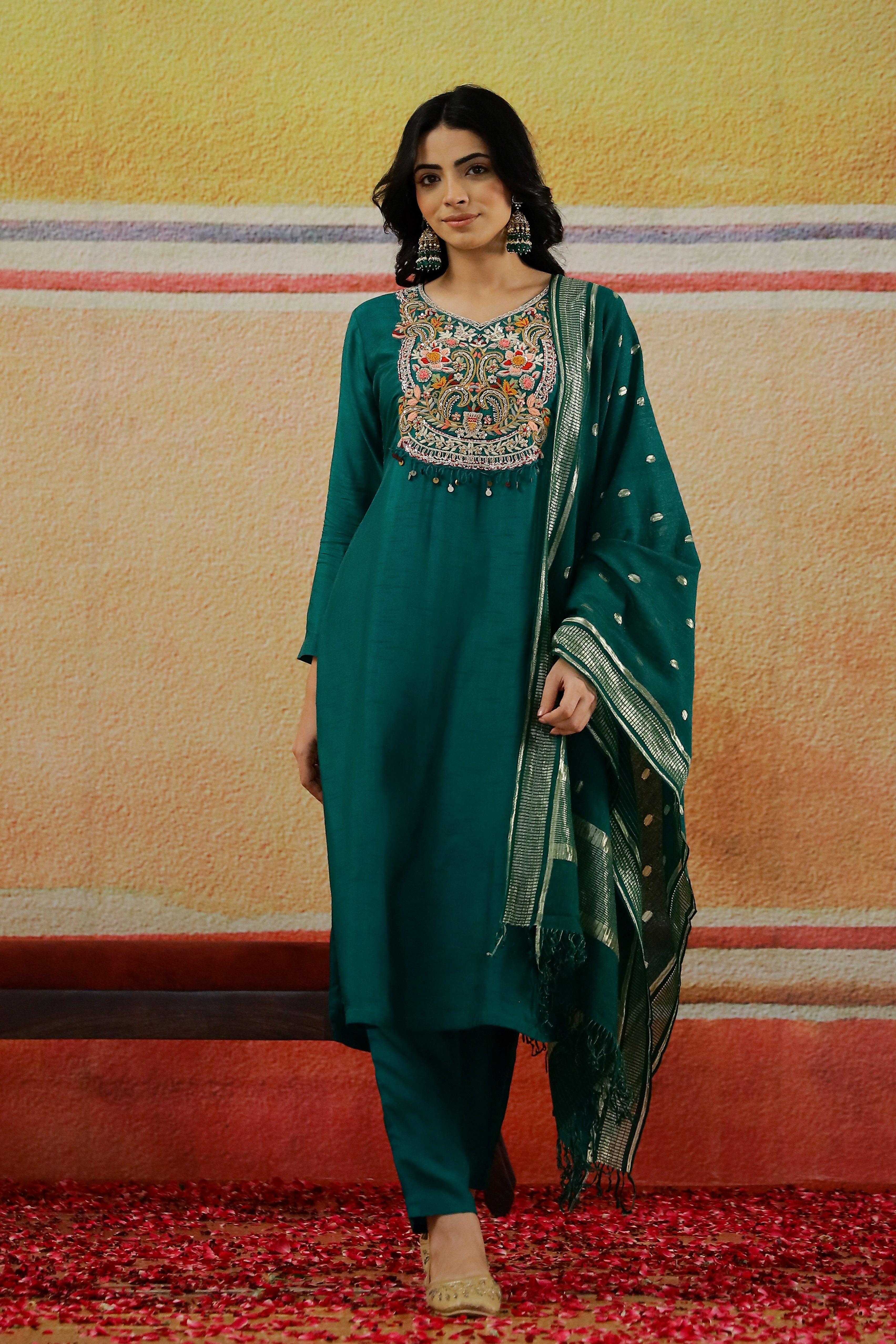 Teal Green Embroidered Raw Silk Pants Set