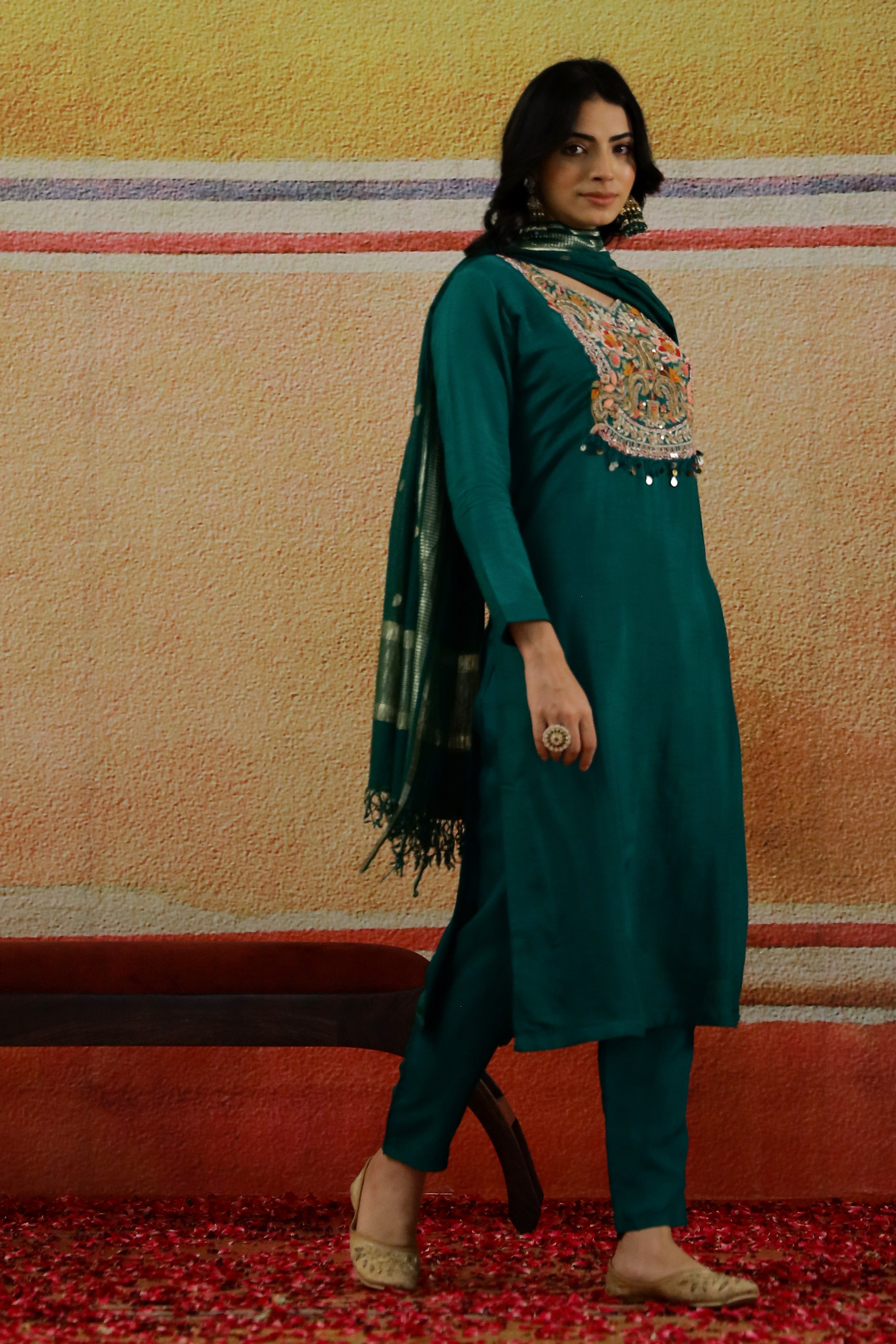 Teal Green Embroidered Raw Silk Pants Set