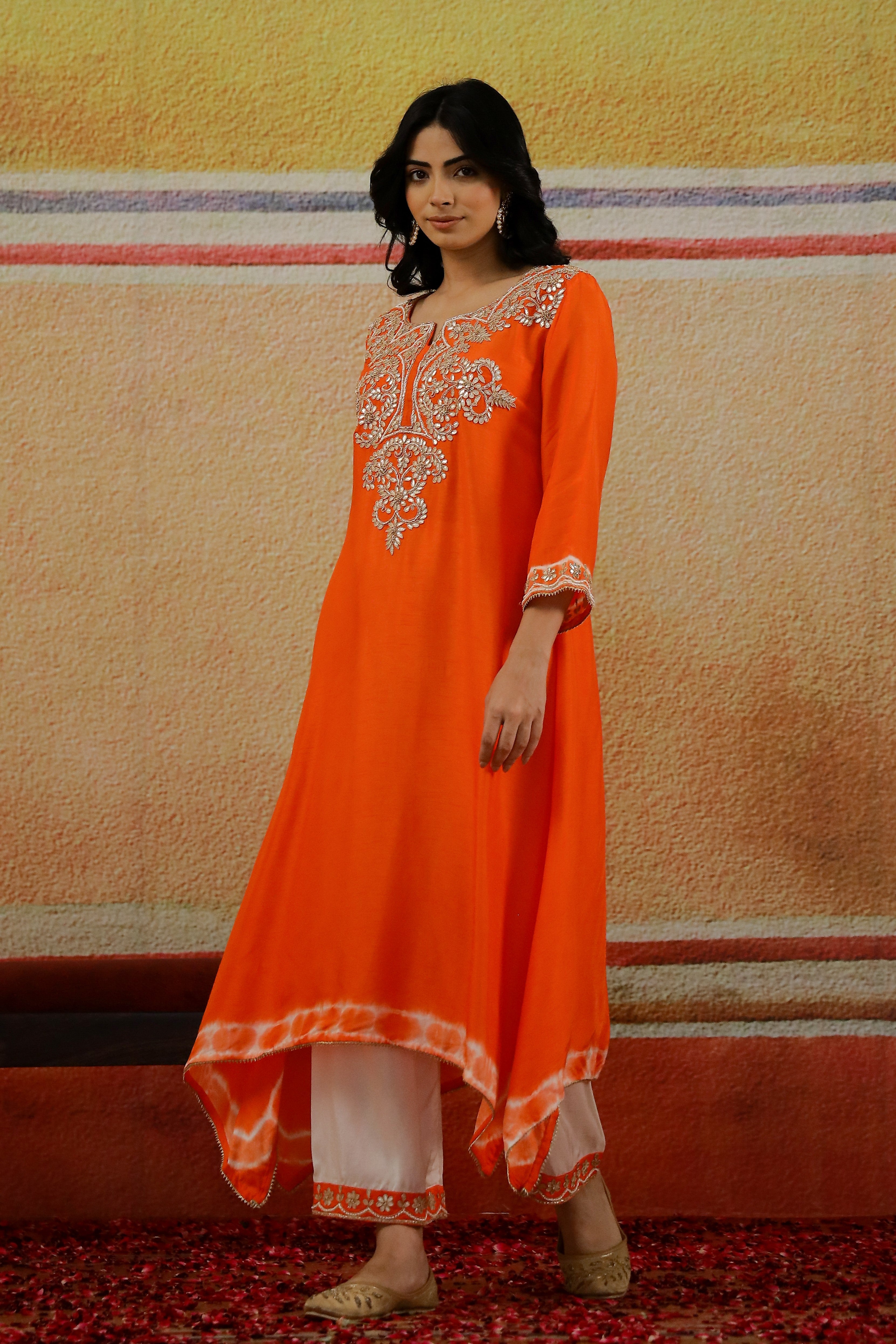 Bright Orange Embroidered Raw Silk Kurta Set