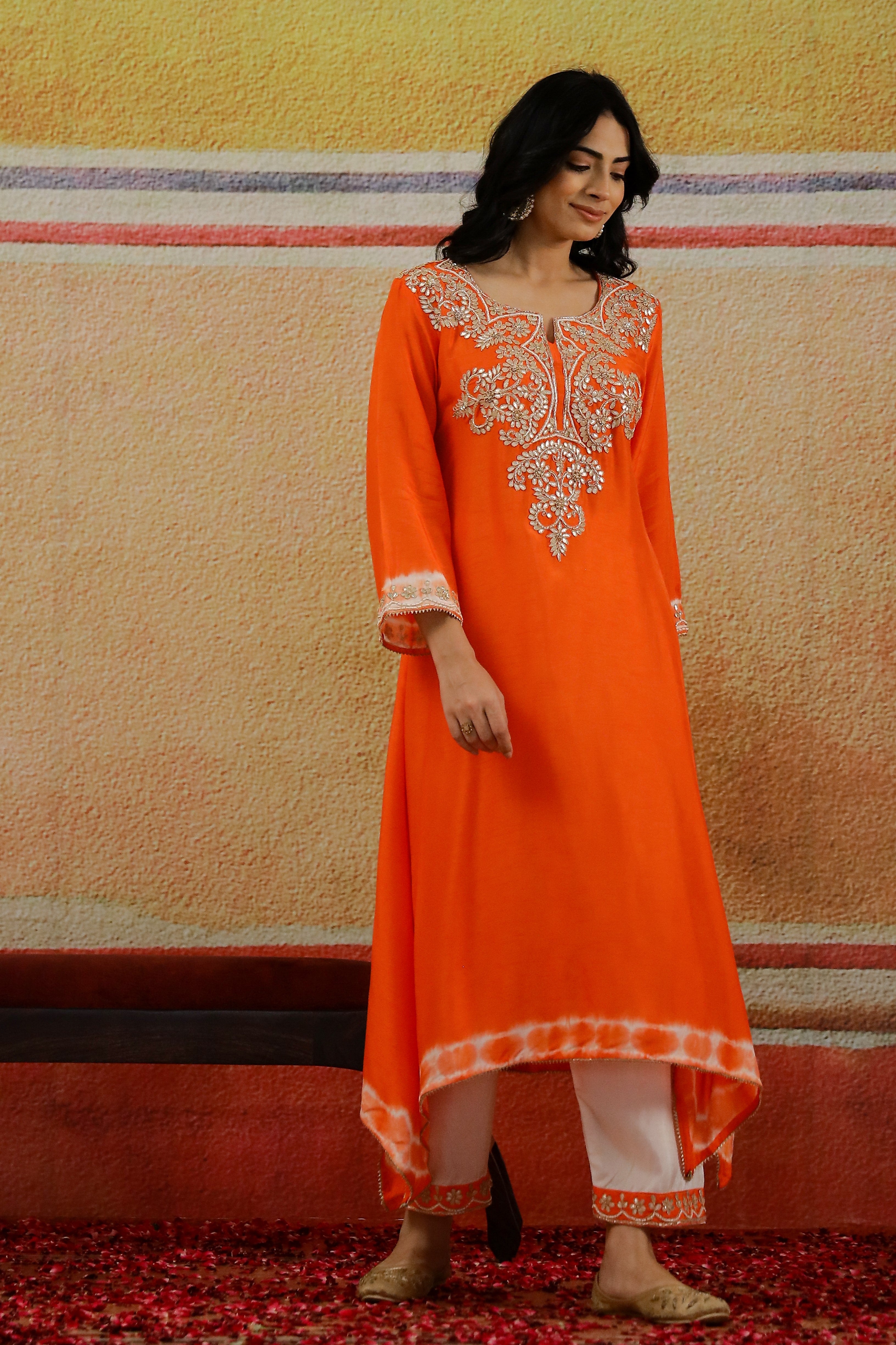 Bright Orange Embroidered Raw Silk Kurta Set