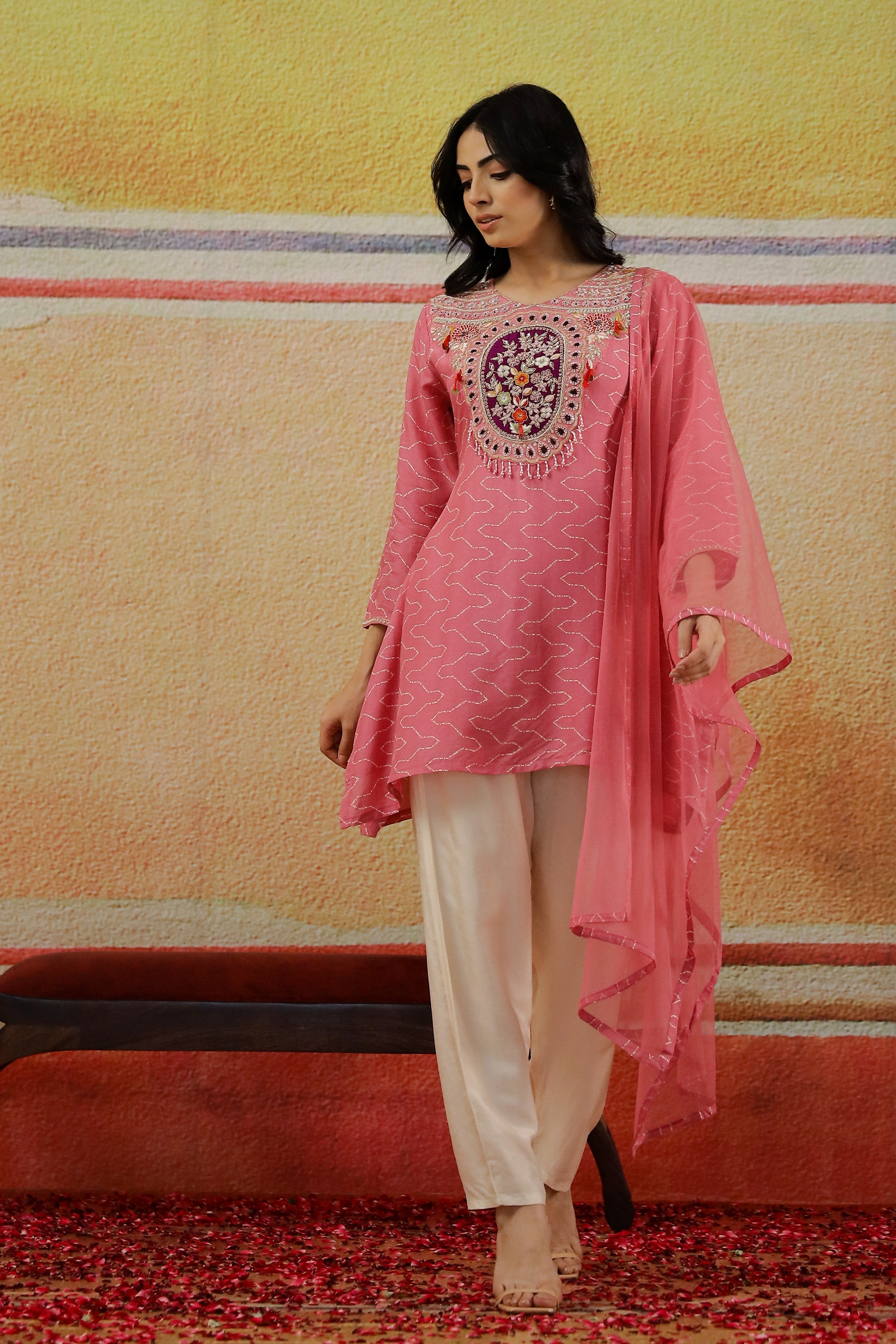 Salmon Pink Embroidered Premium Silk Pants Set