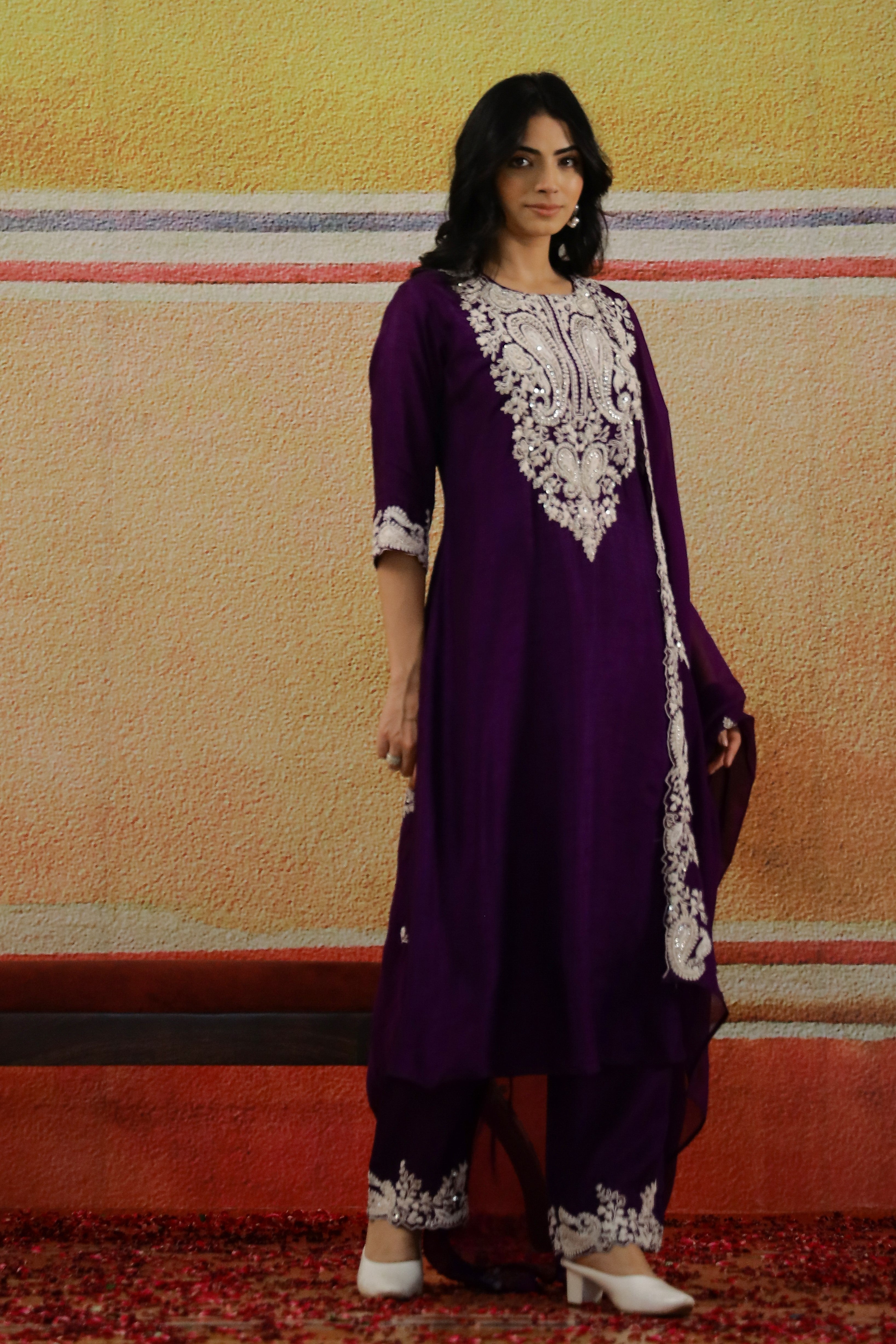 Violet Embellished Raw Silk Kurta Set