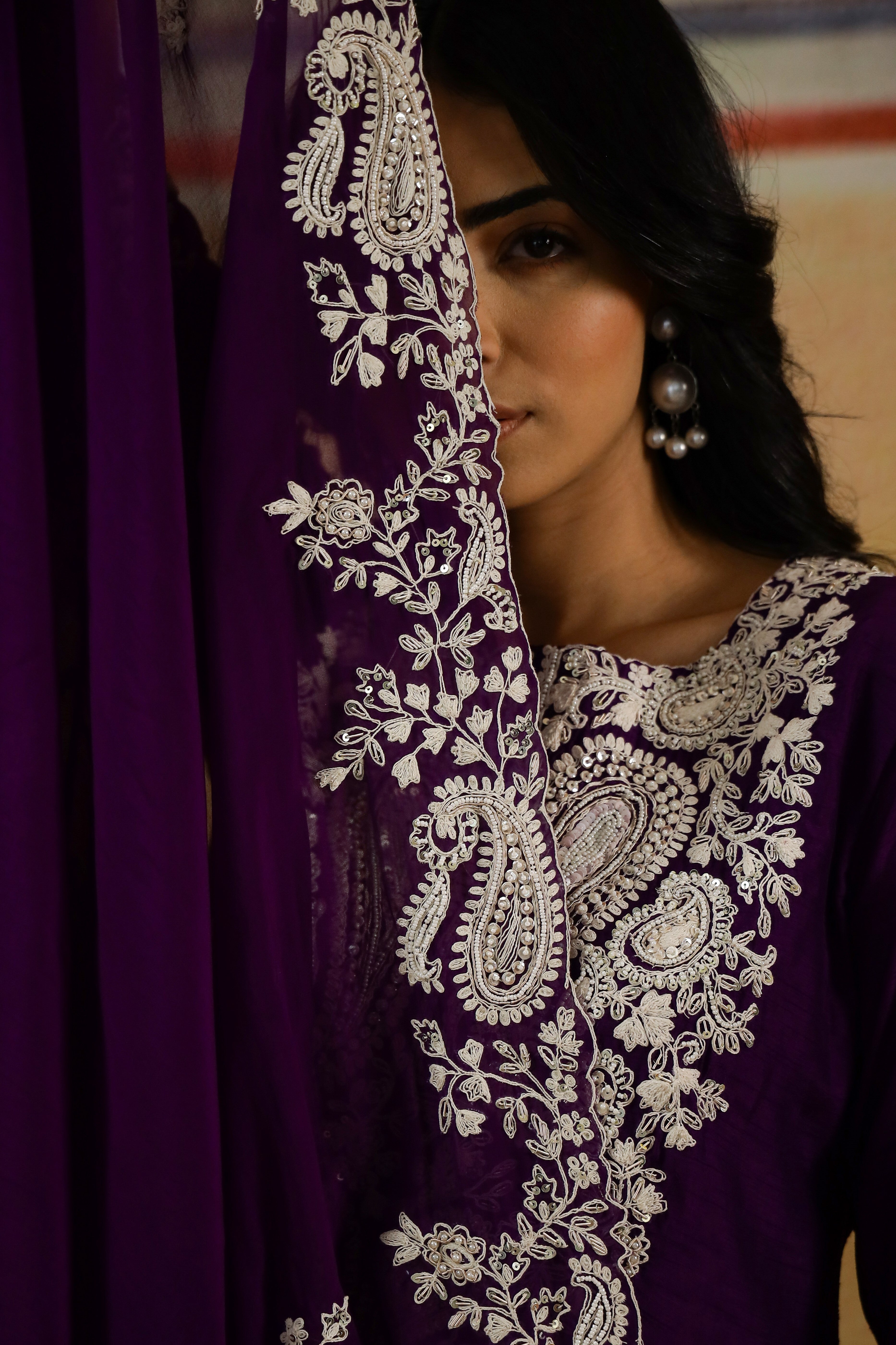 Violet Embellished Raw Silk Kurta Set