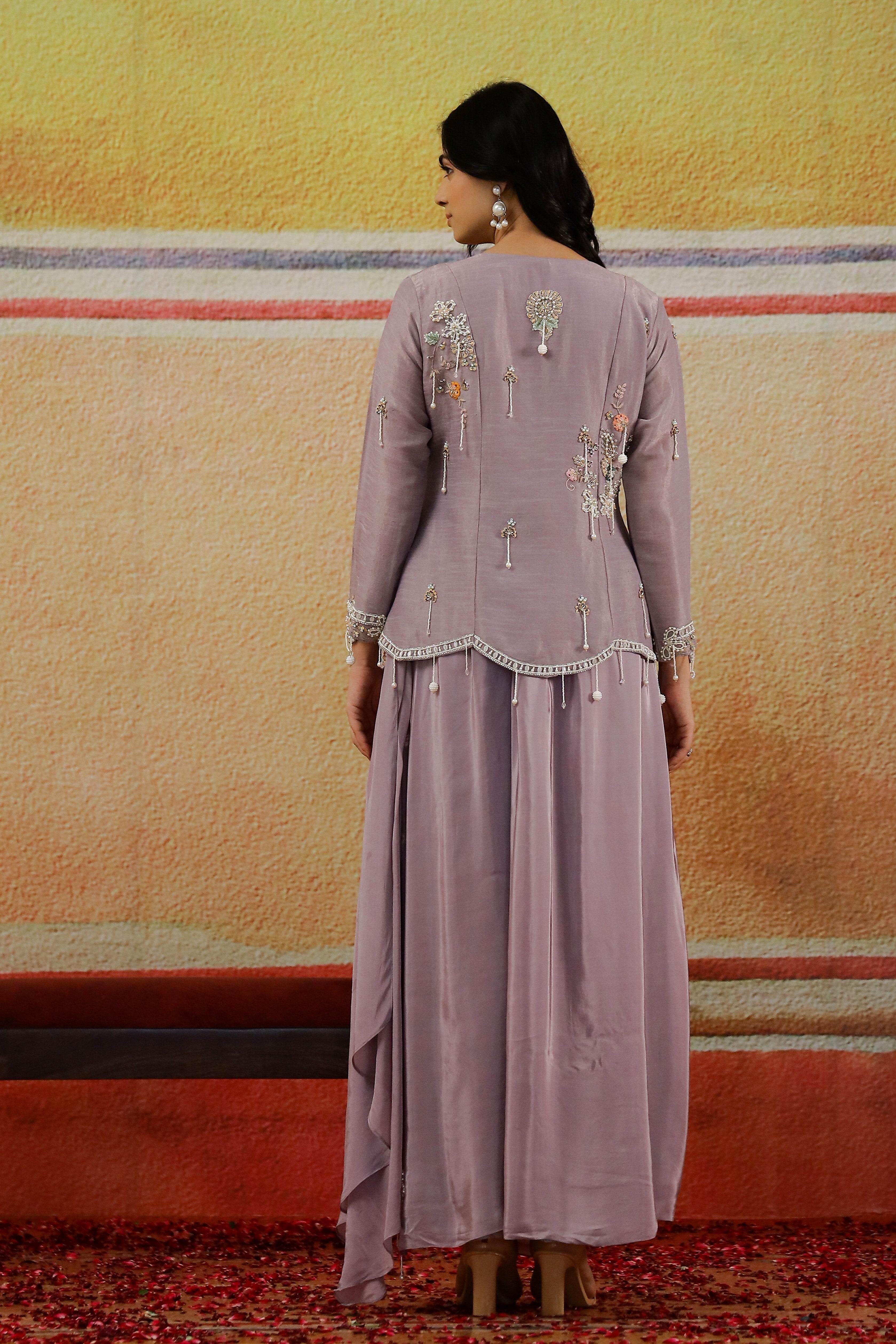 Shimmer Mauve Embellished Italian Silk Jacket & Skirt Set