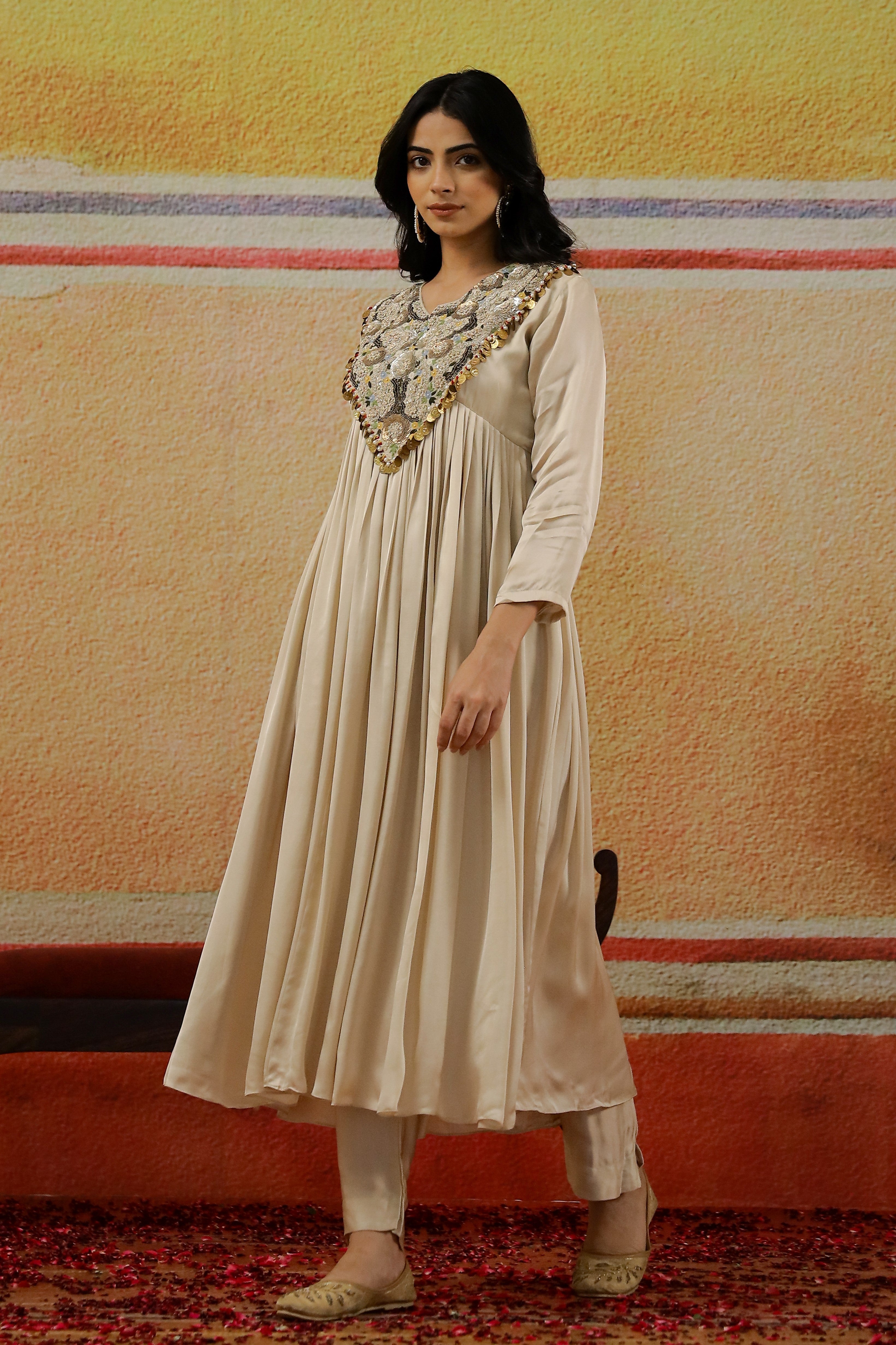 Champagne Embellished Satin Silk Anarkali Set