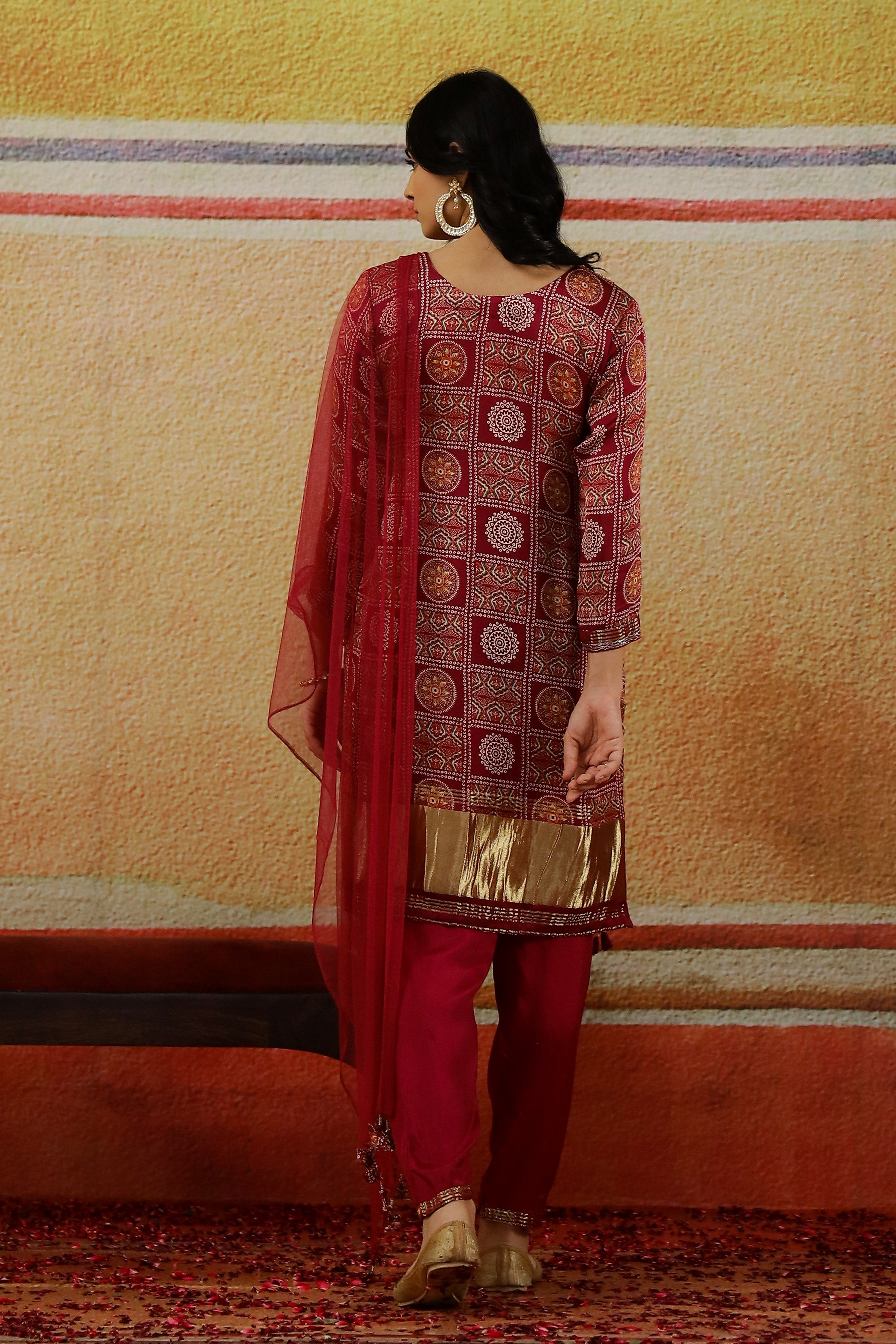 Maroon Traditional Printed Satin Silk Pants Set