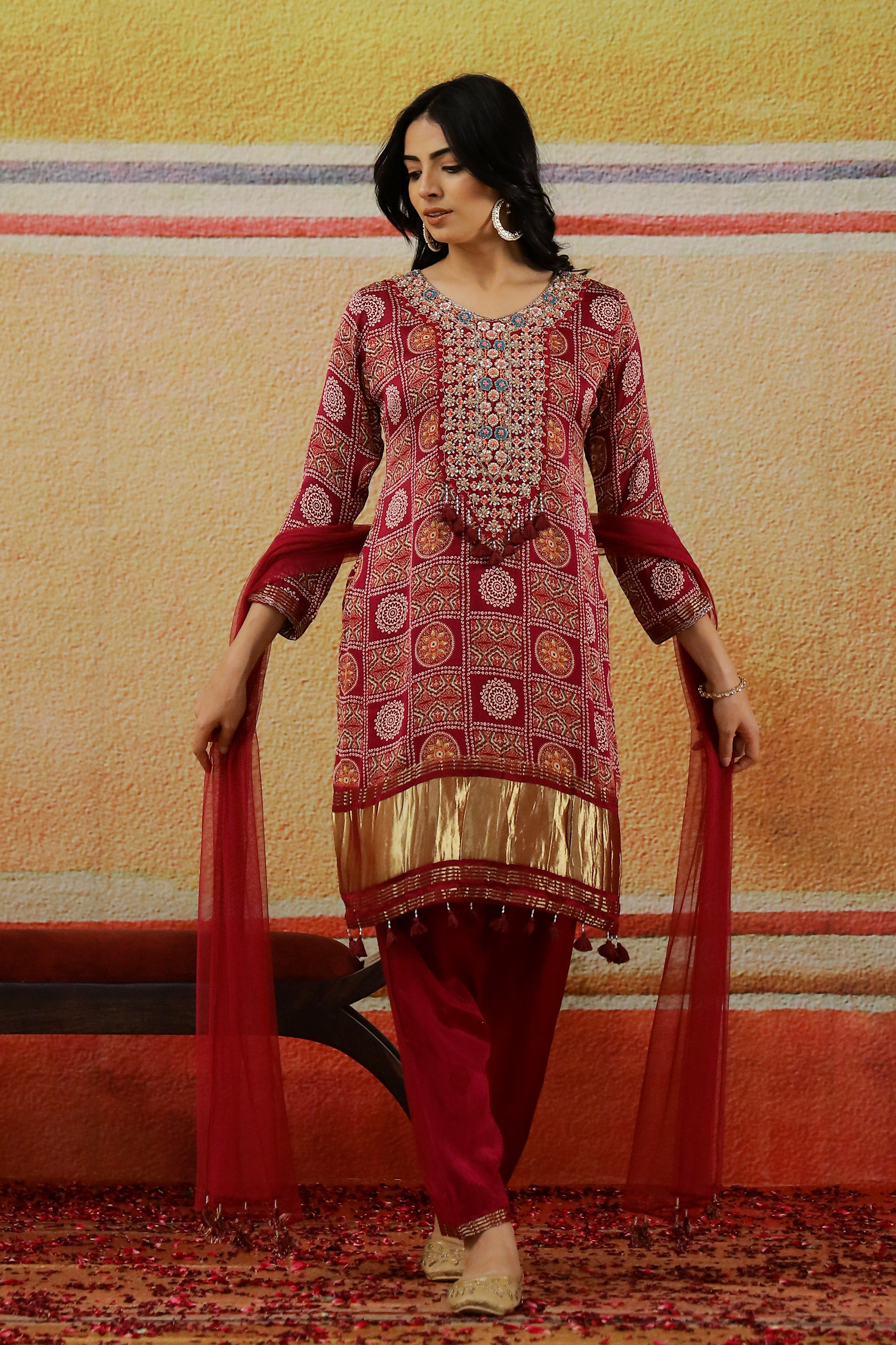 Maroon Traditional Printed Satin Silk Pants Set