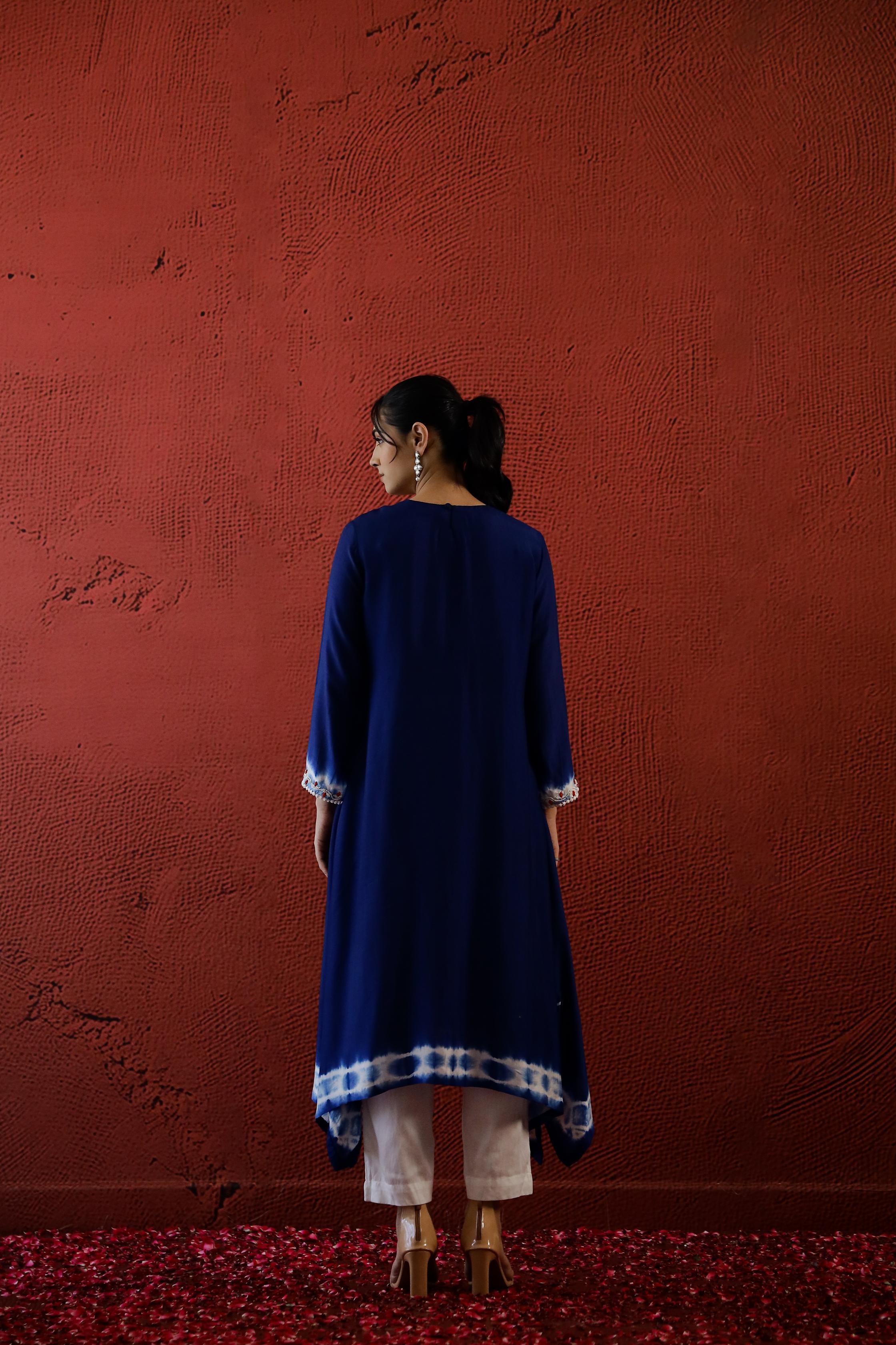 Deep Blue Embroidered Spanish Silk Kurta Set