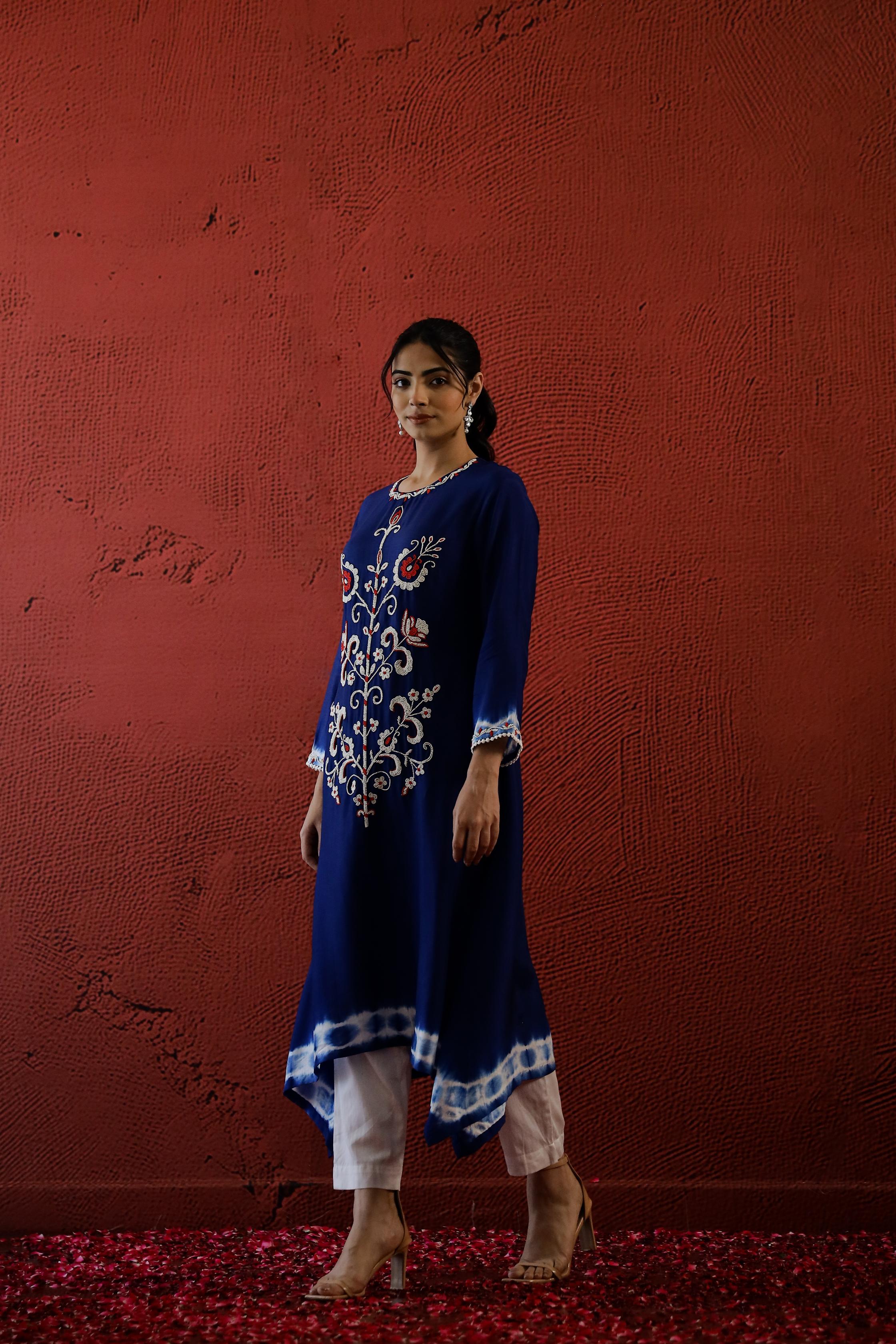 Deep Blue Embroidered Spanish Silk Kurta Set