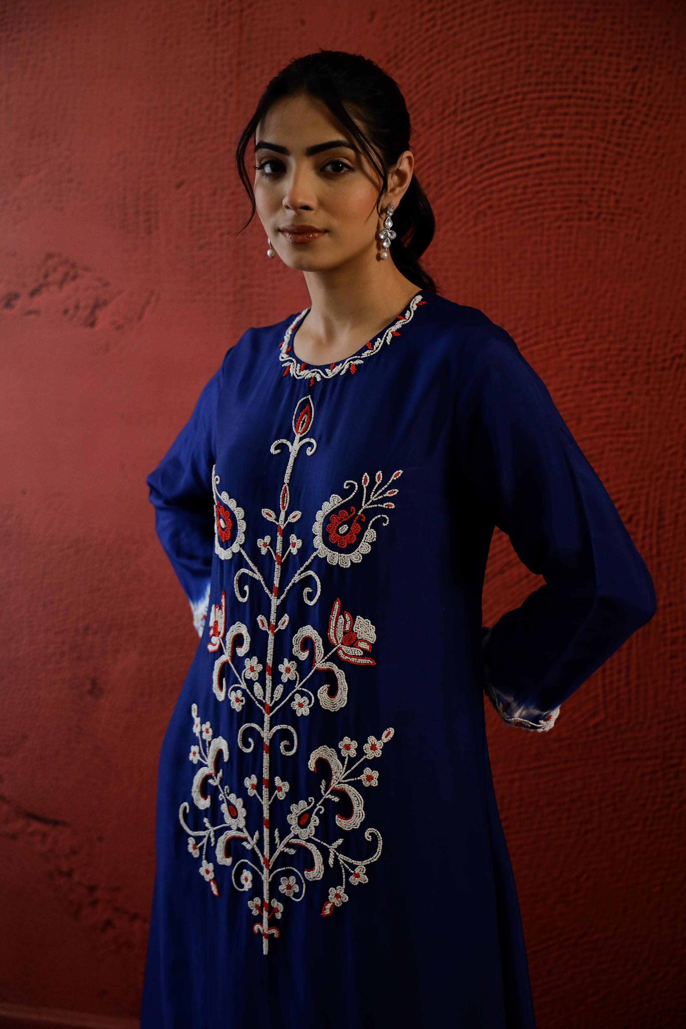 Deep Blue Embroidered Spanish Silk Kurta Set