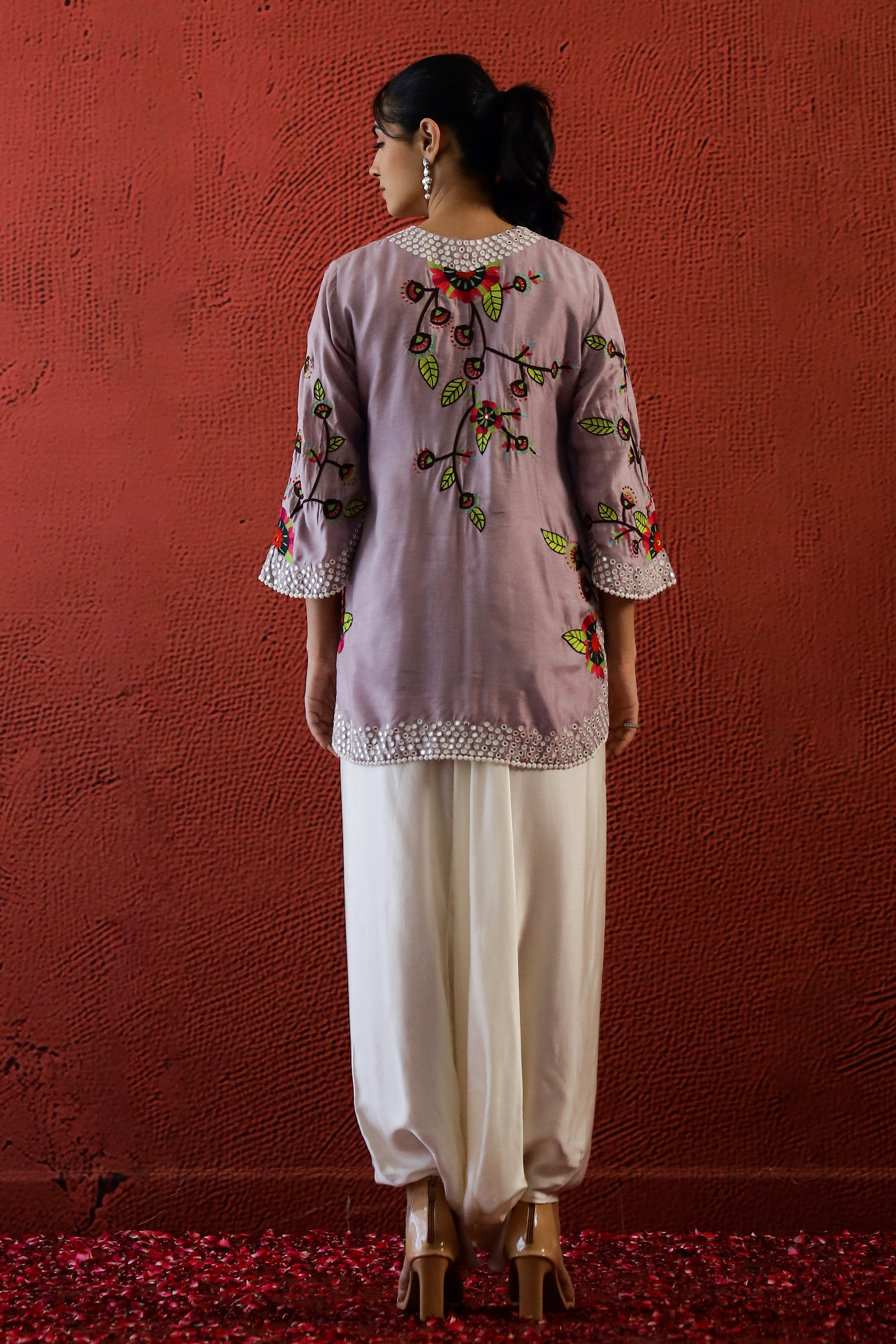 Mauve Embroidered Raw Silk Kurta Set