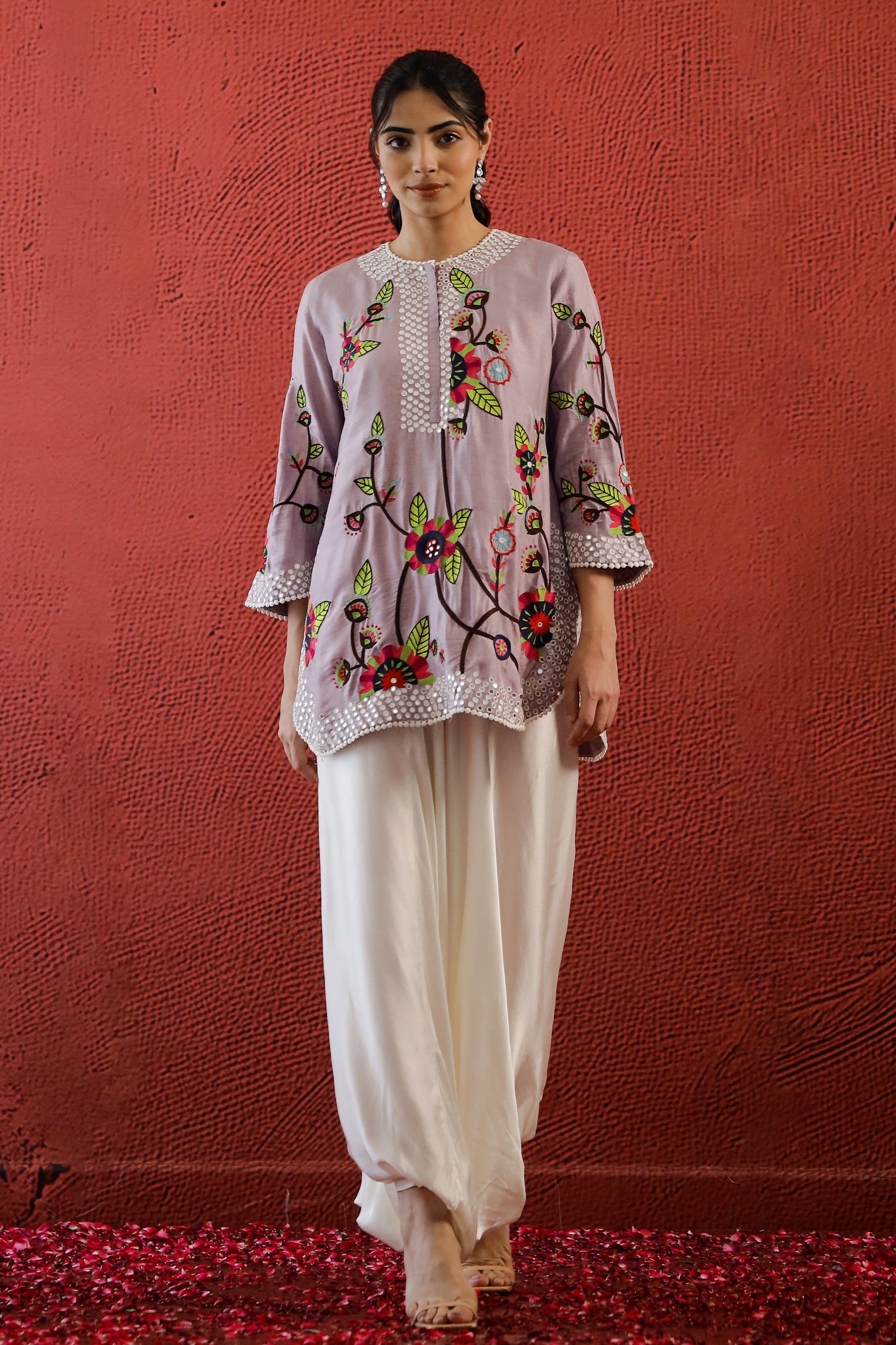 Mauve Embroidered Raw Silk Kurta Set