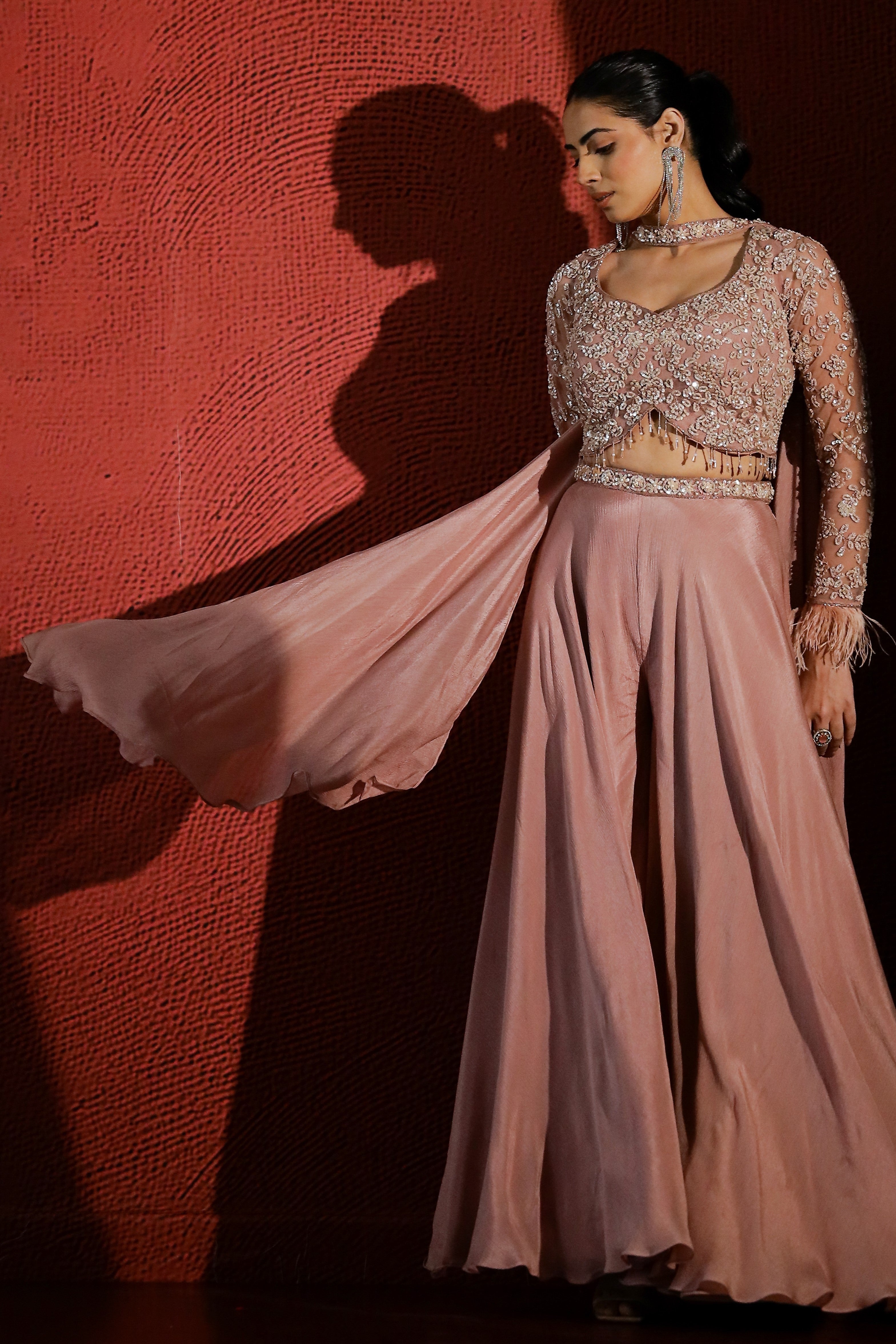 Dusky Peach Embellished Premium Net Palazzo Set