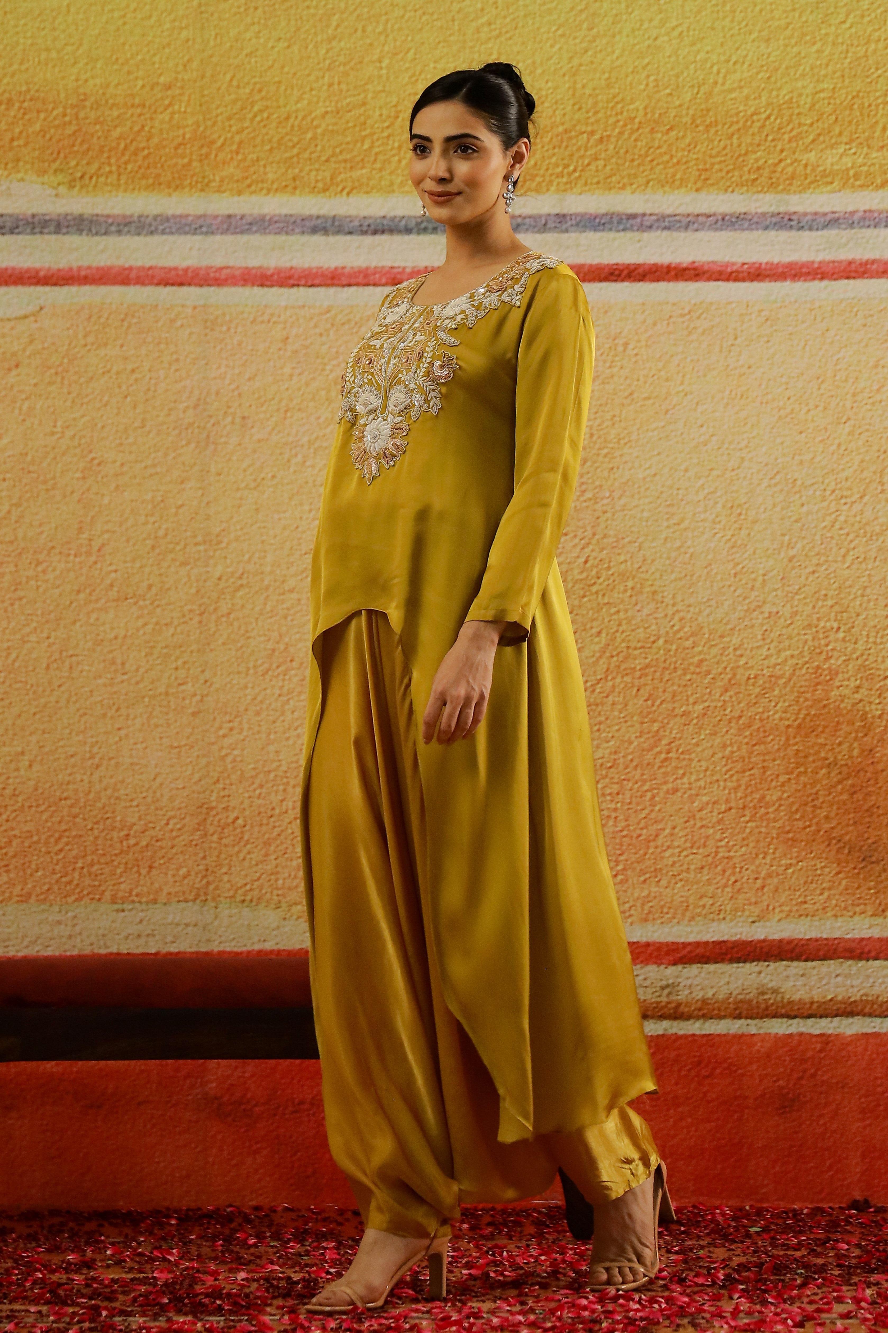 Golden Yellow Embroidered Satin Silk Kurta Set