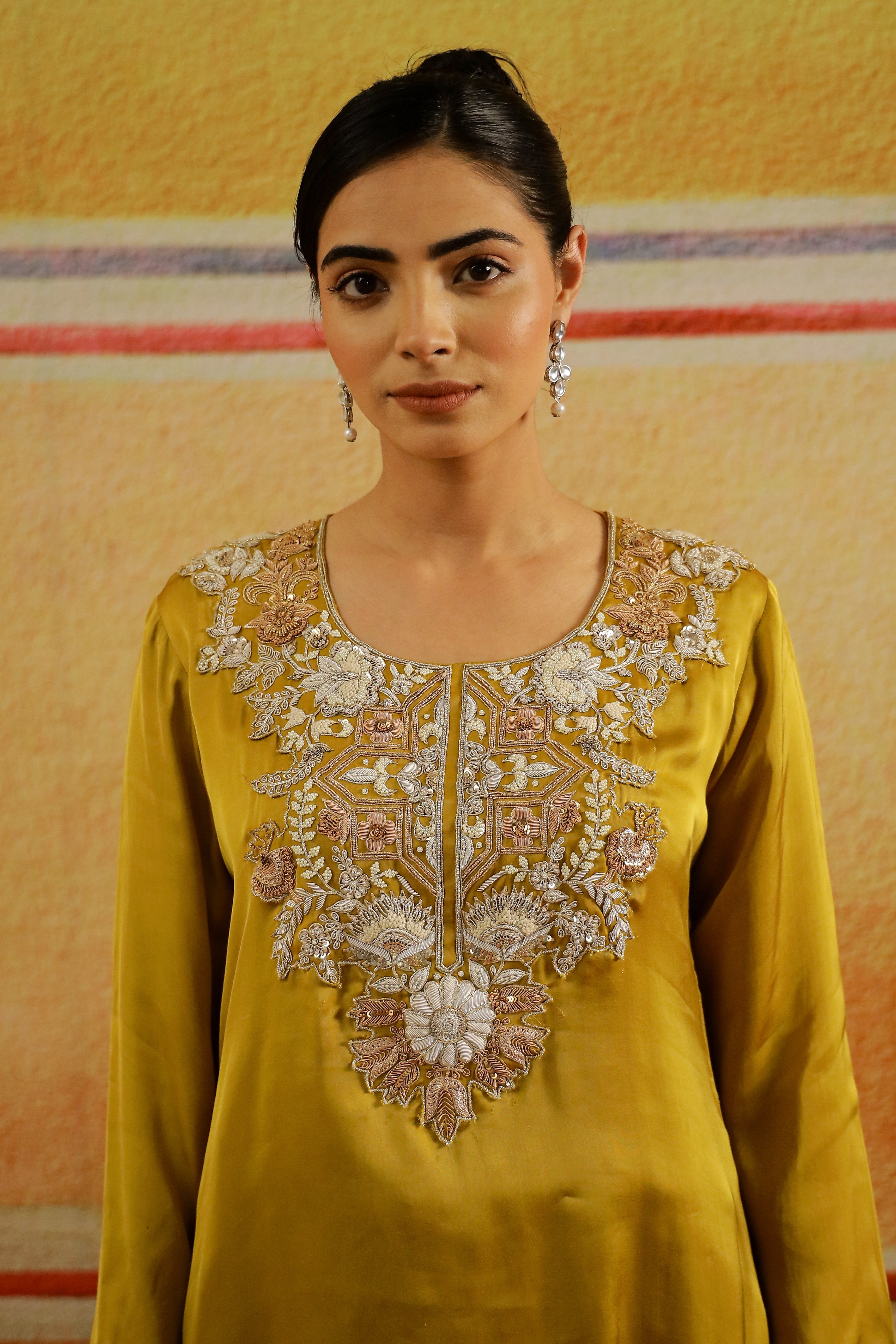 Golden Yellow Embroidered Satin Silk Kurta Set