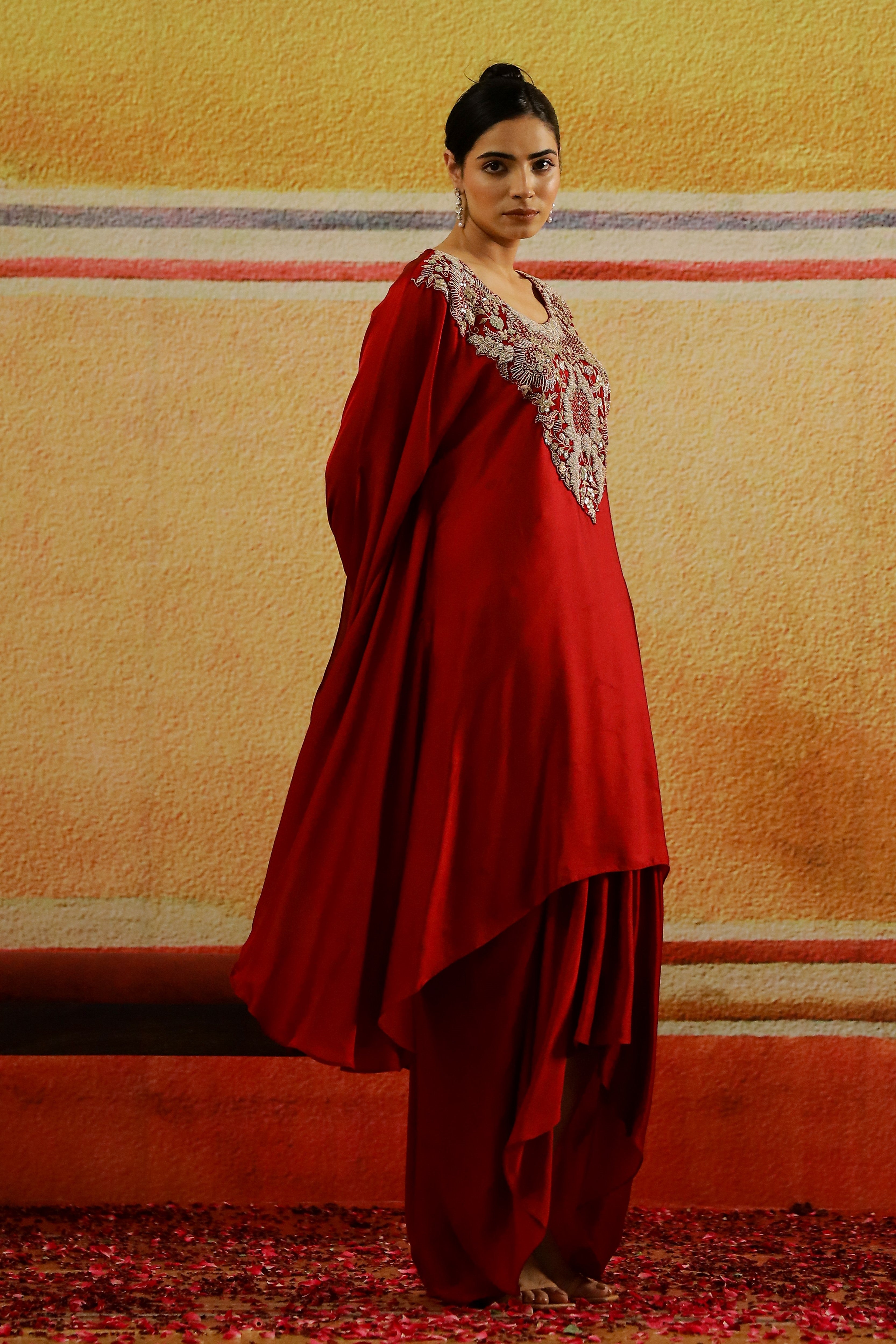 Red Embroidered Satin Silk Kaftan & Skirt Set