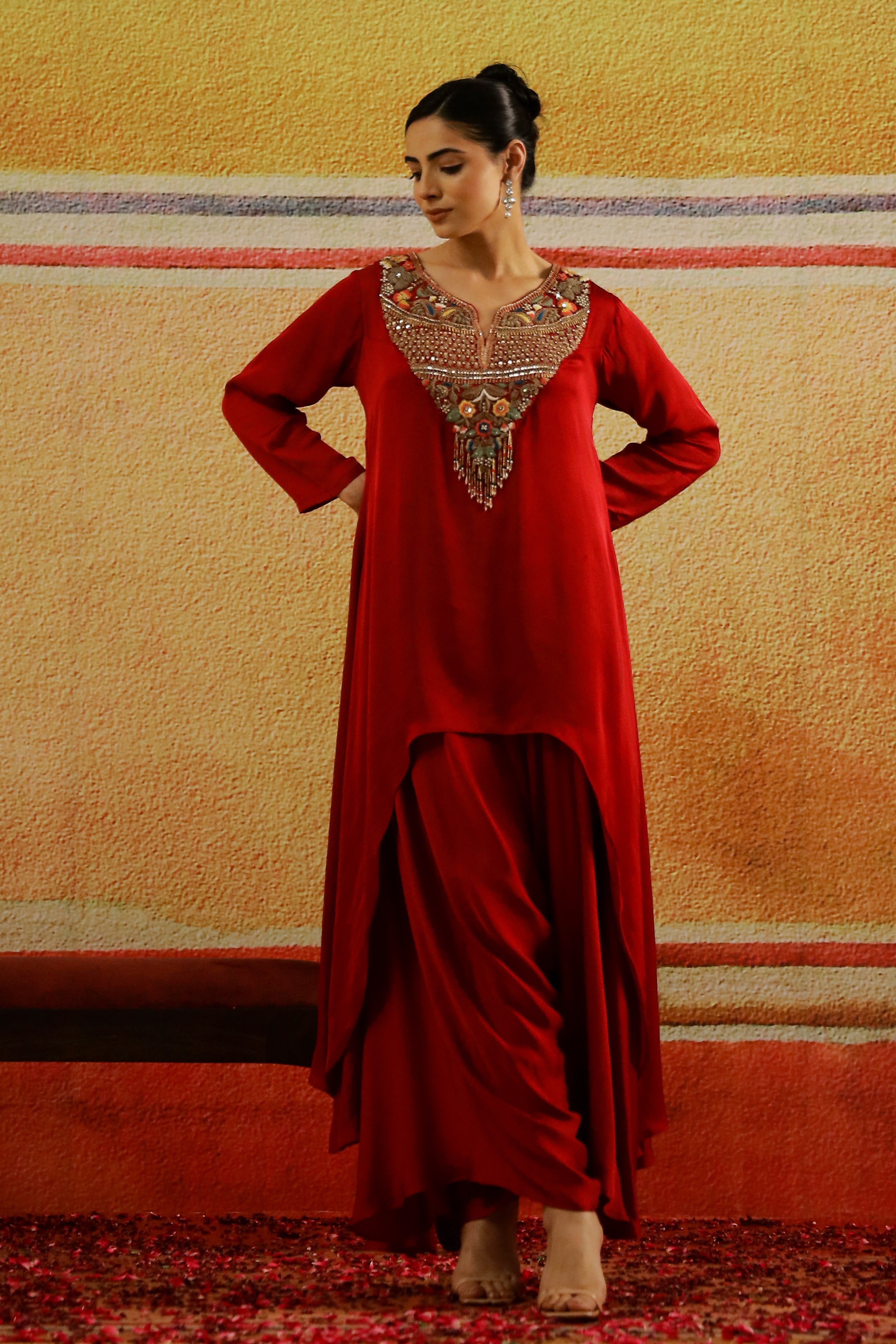 Maroon Embroidered Satin Silk Kurta Set