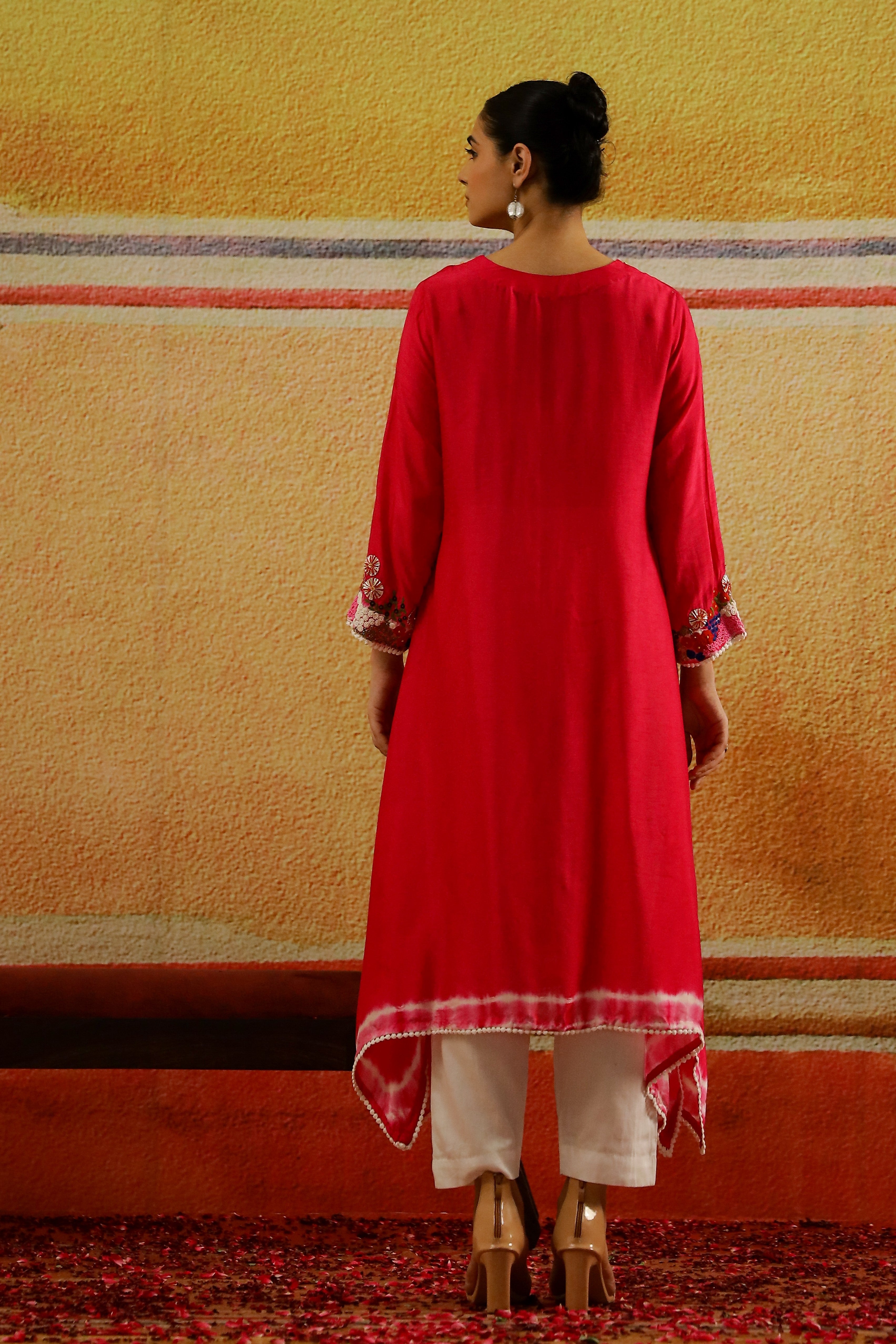 Bright Pink Embroidered Raw Silk Kurta Set