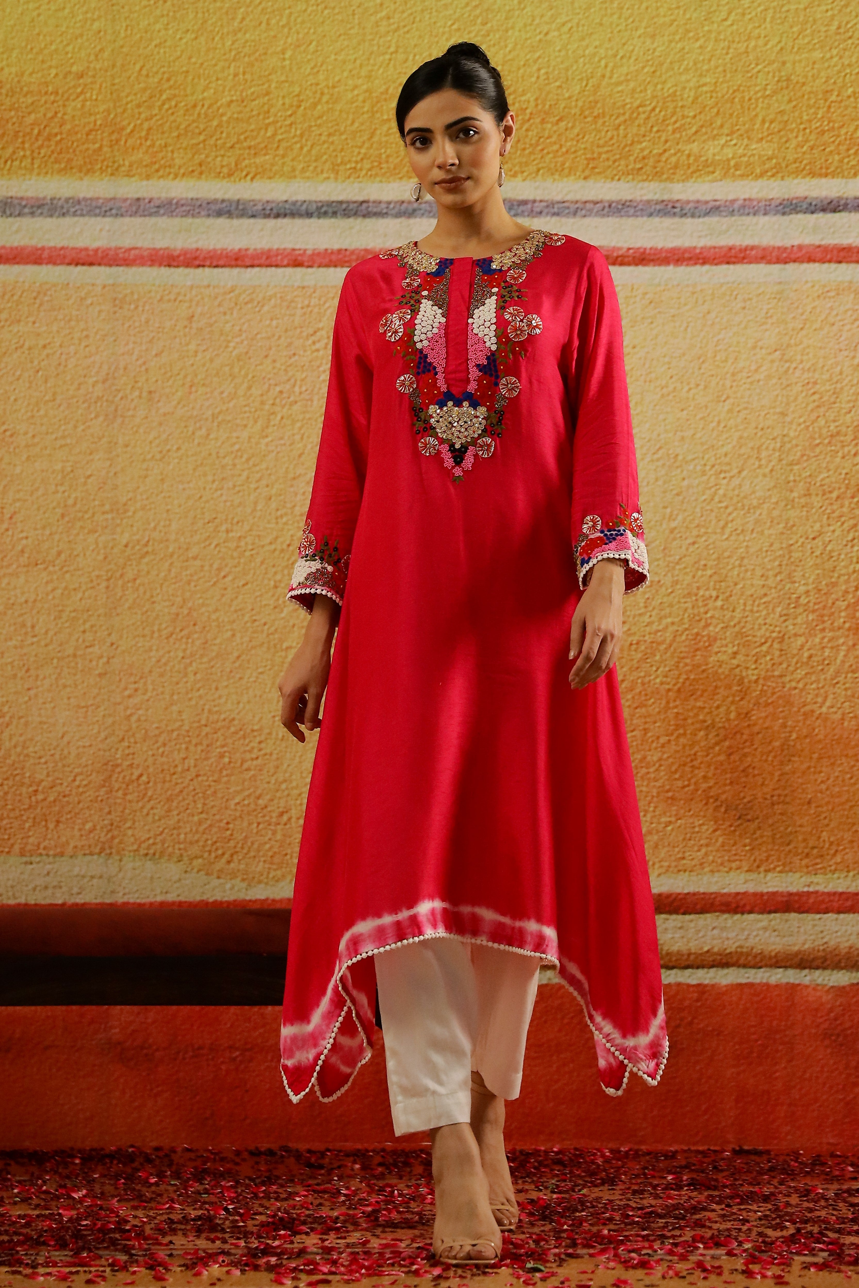 Bright Pink Embroidered Raw Silk Kurta Set