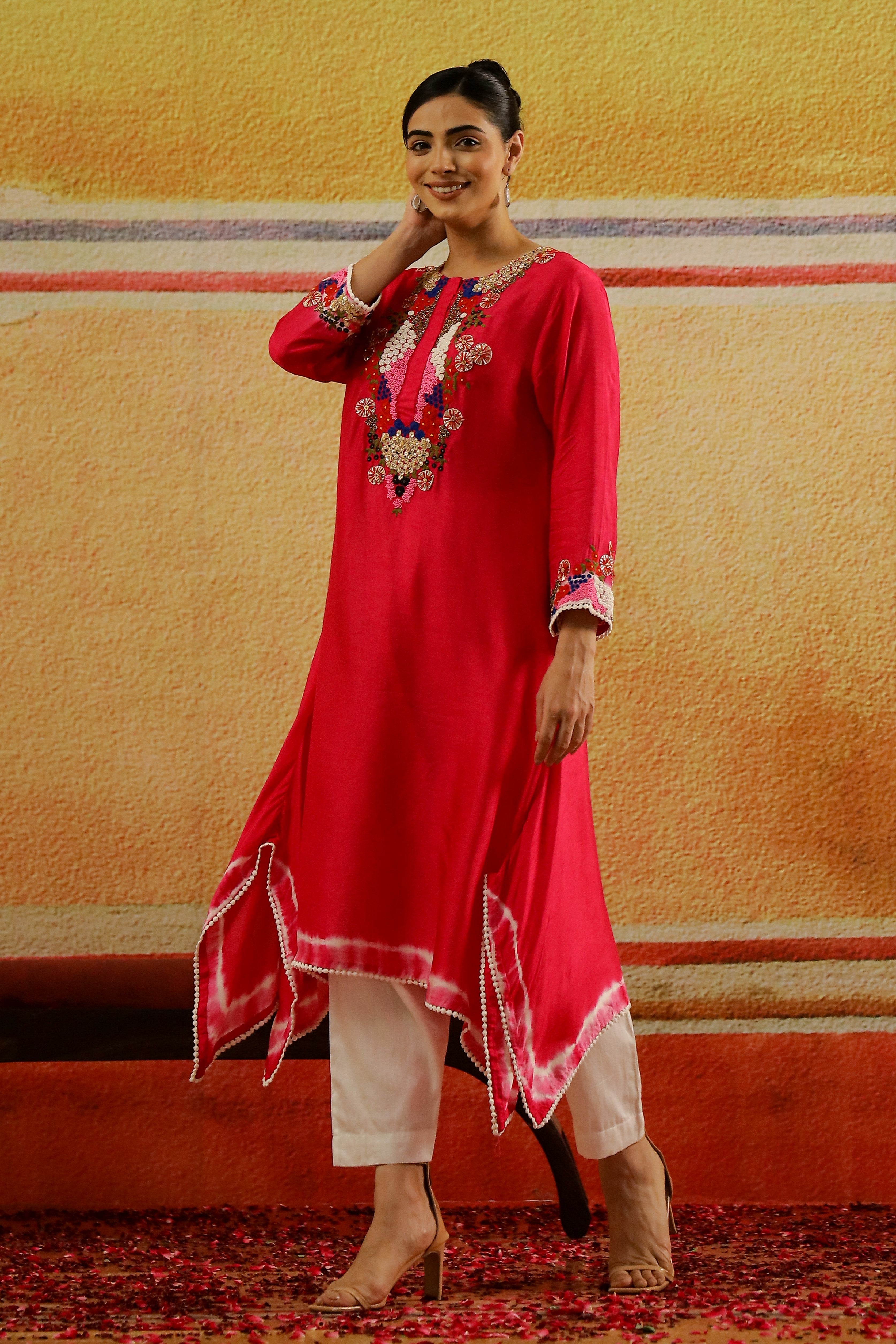 Bright Pink Embroidered Raw Silk Kurta Set