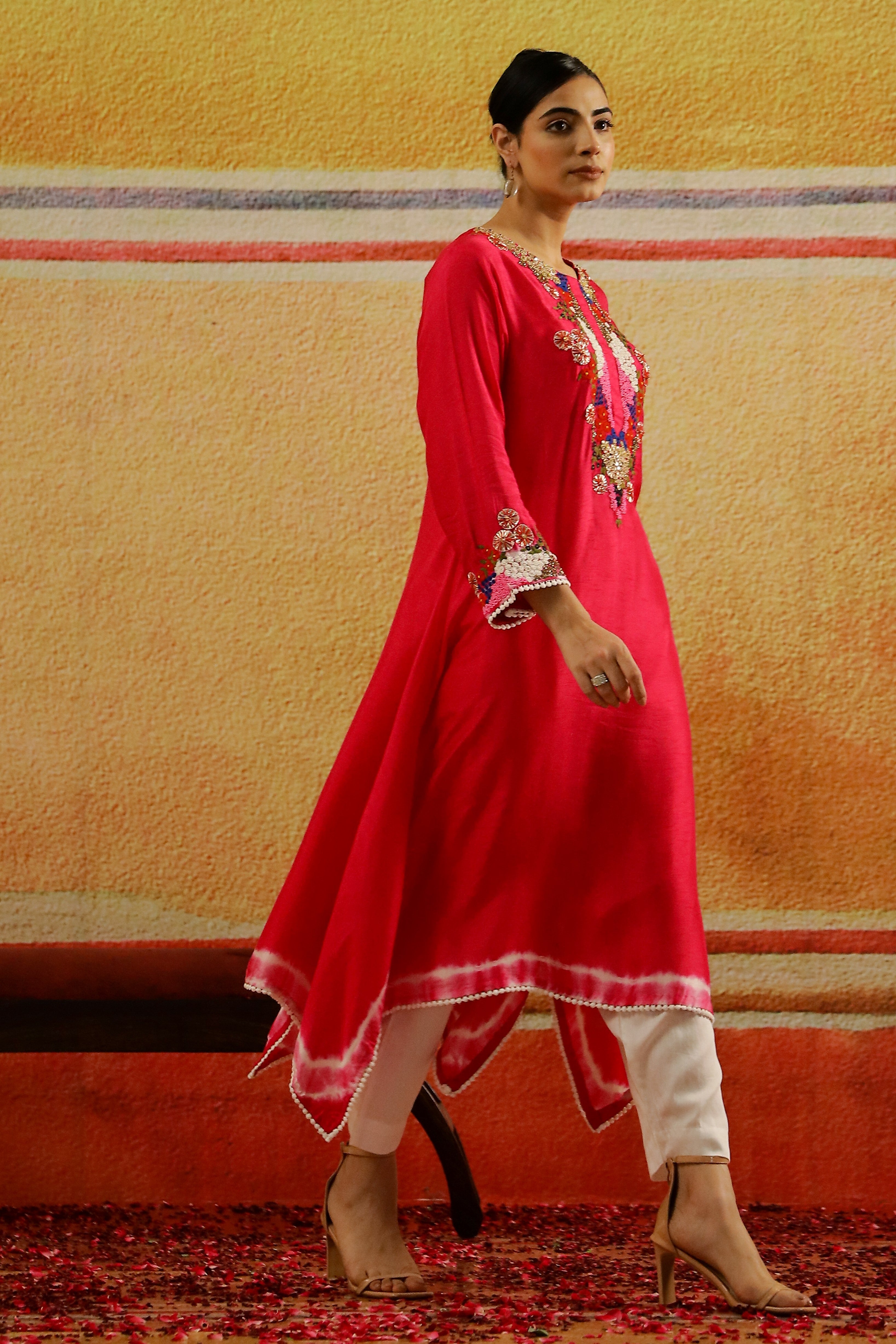 Bright Pink Embroidered Raw Silk Kurta Set