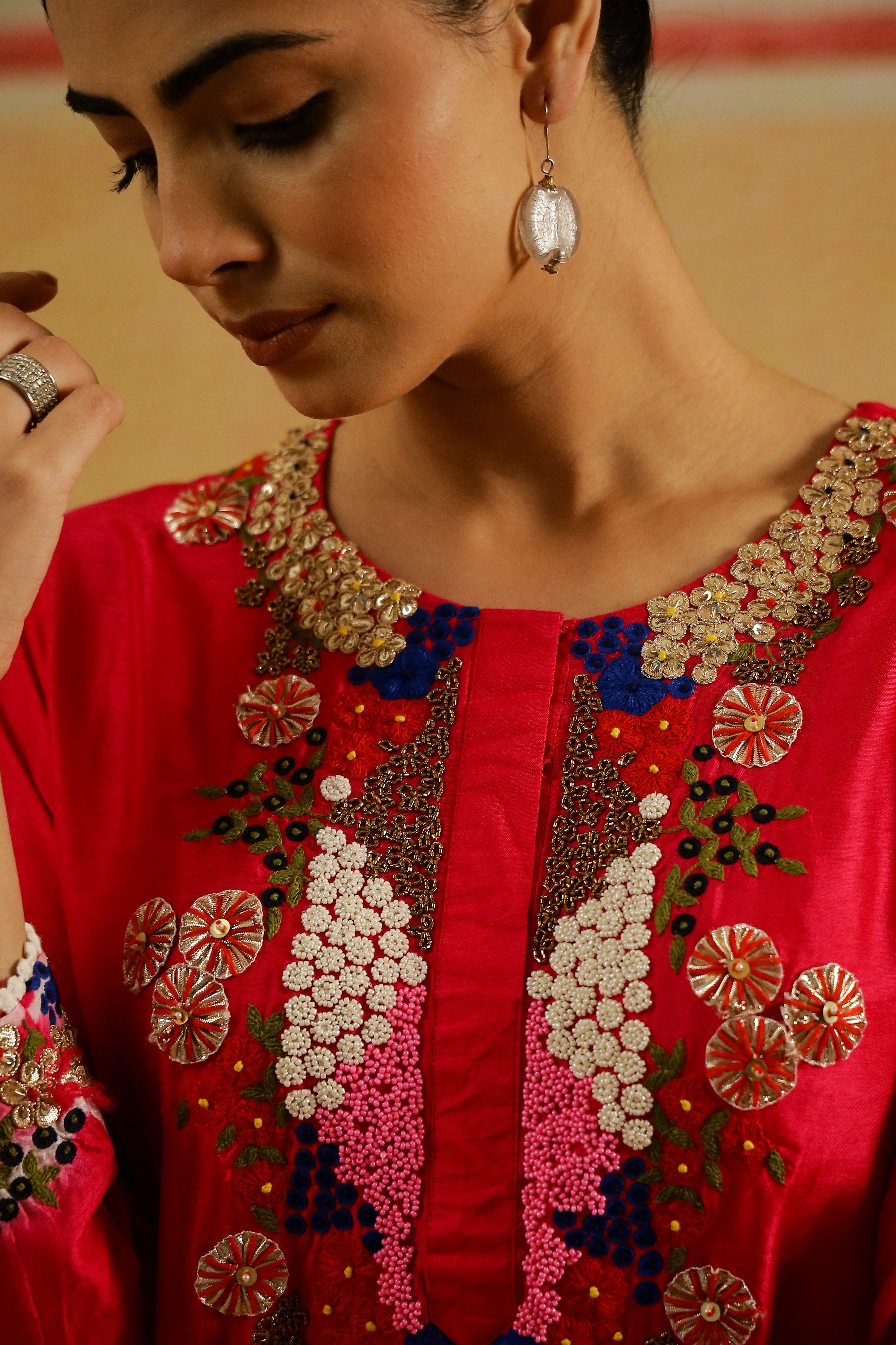 Bright Pink Embroidered Raw Silk Kurta Set