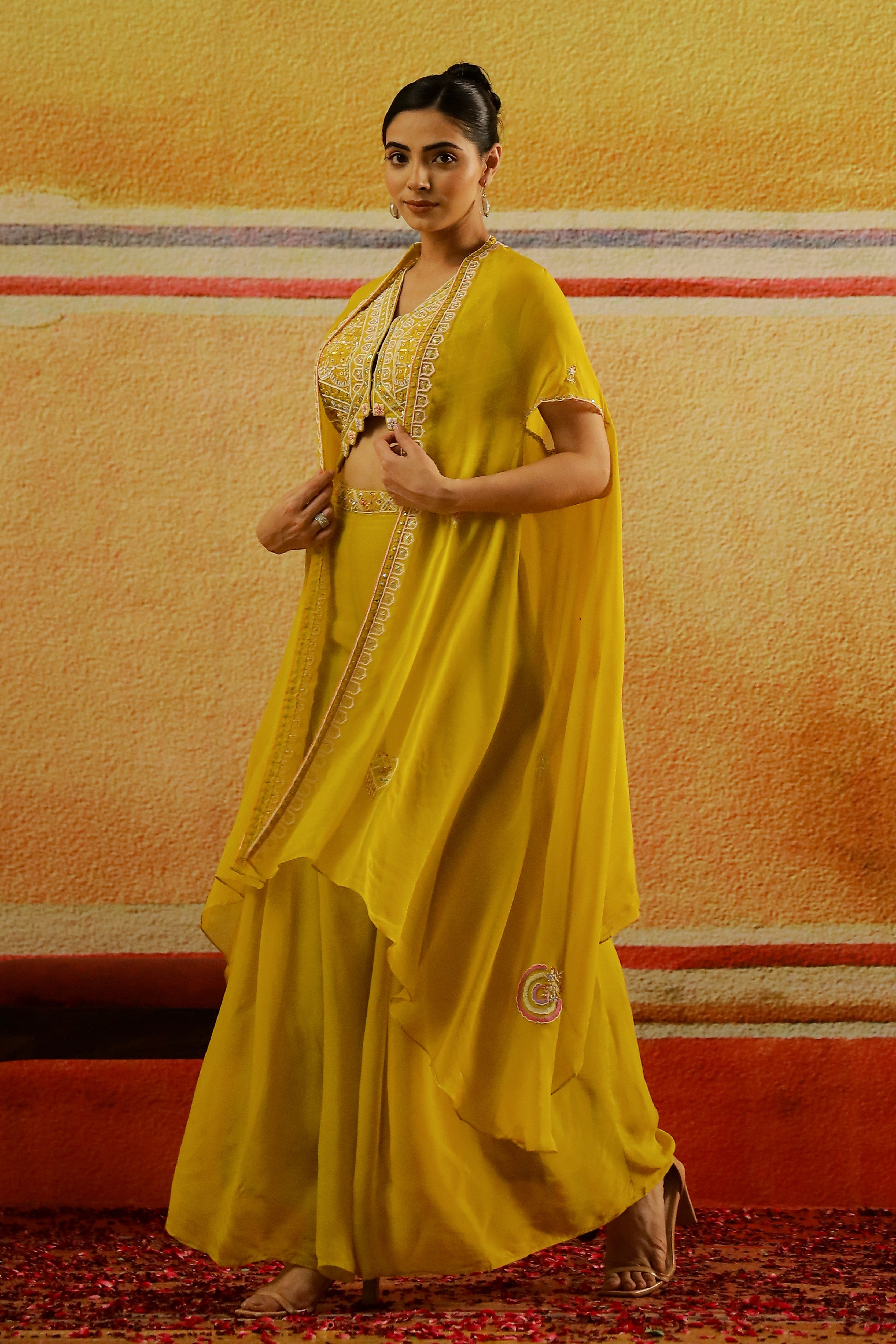 Festive Yellow Embellished Organza Silk Cape Set