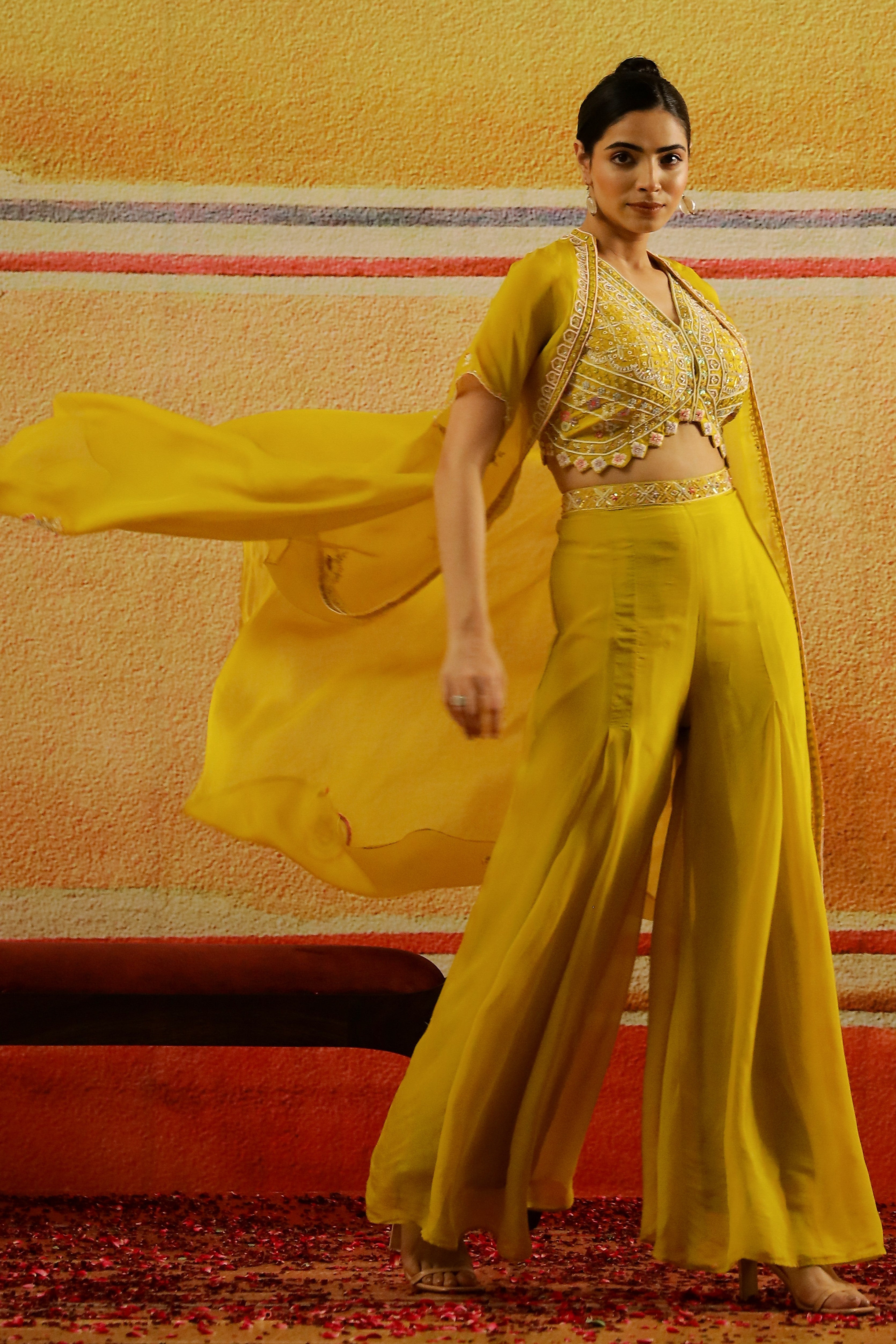 Festive Yellow Embellished Organza Silk Cape Set