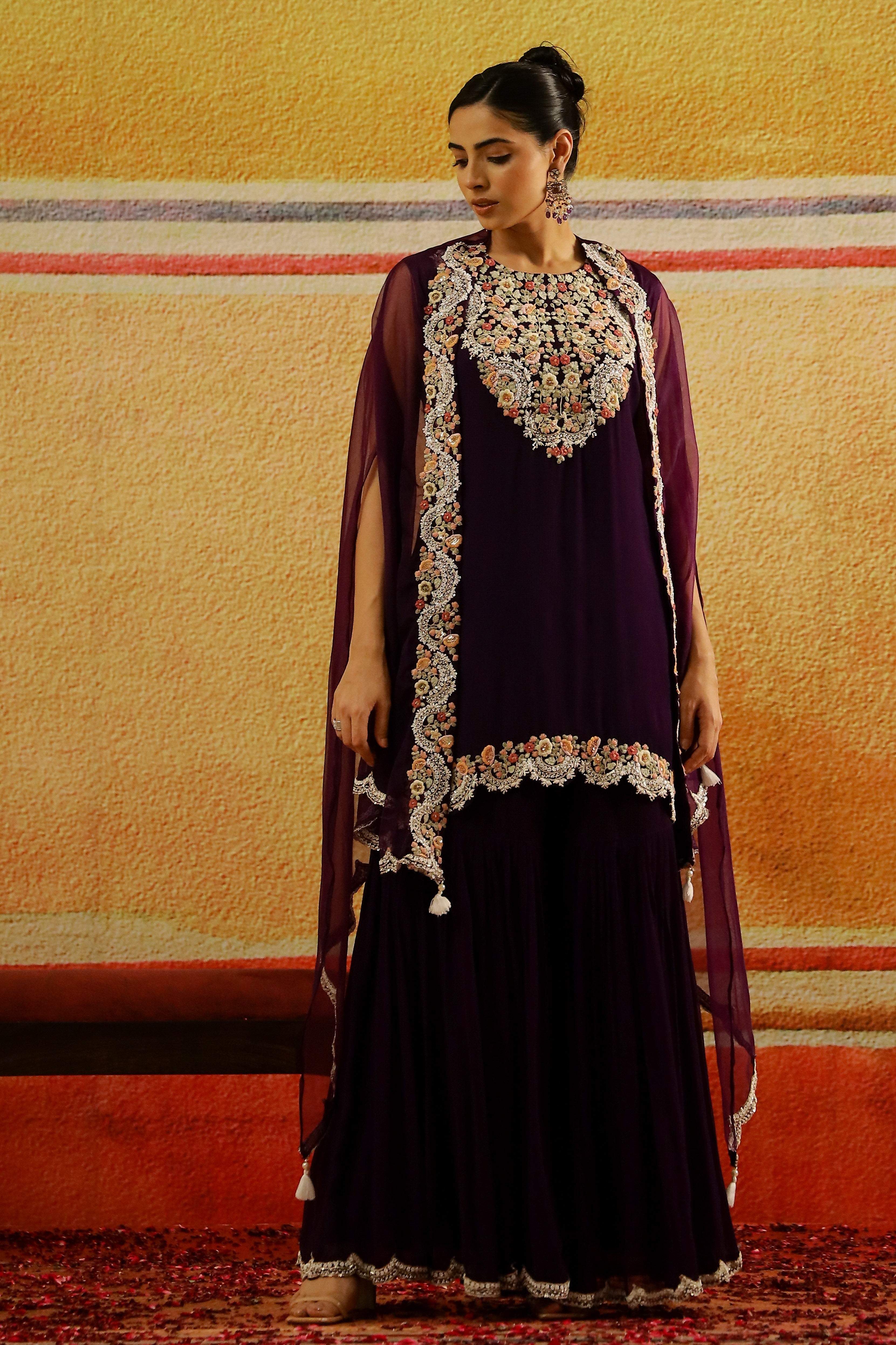 Purple Embroidered Chiffon Silk Sharara Set