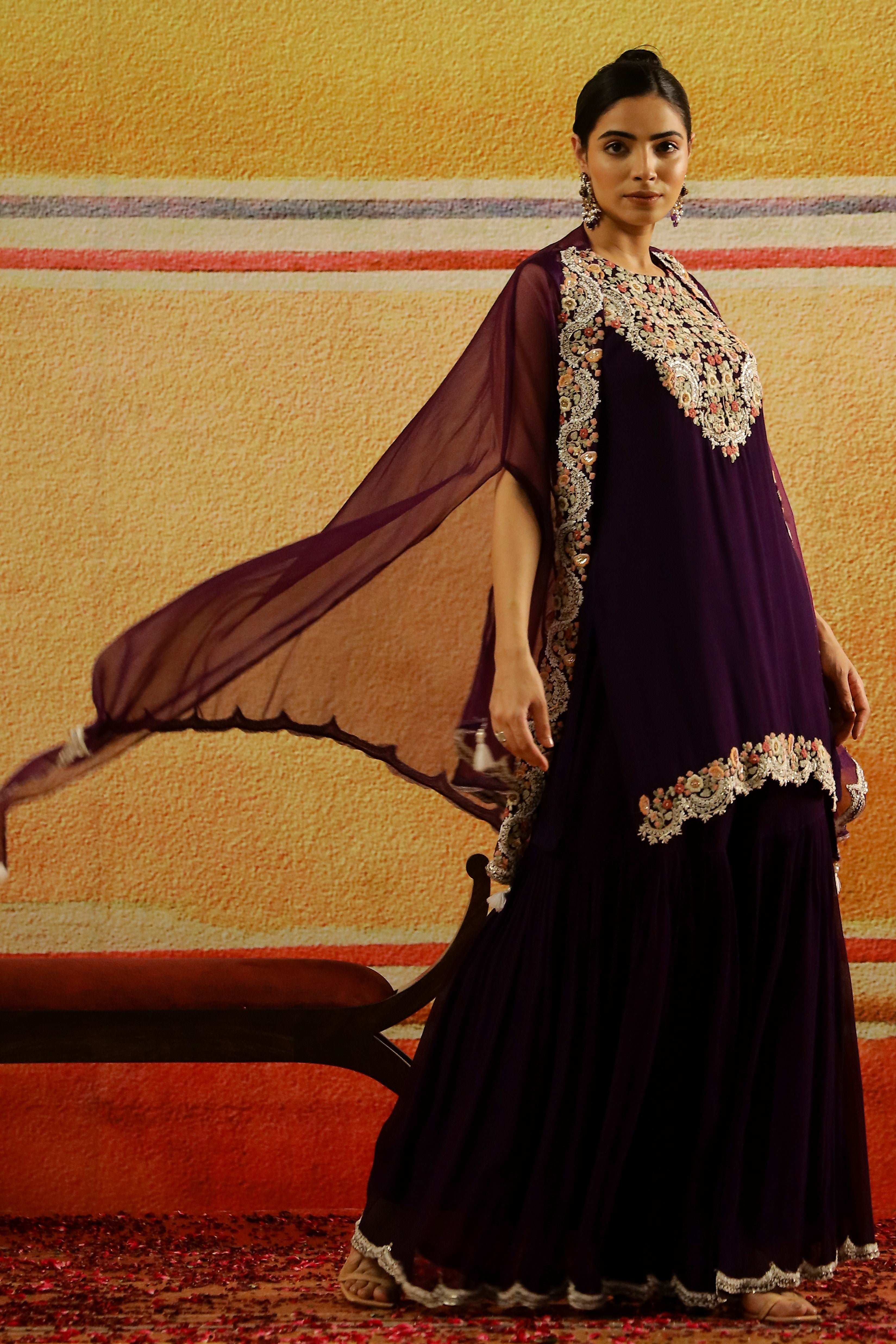 Purple Embroidered Chiffon Silk Sharara Set