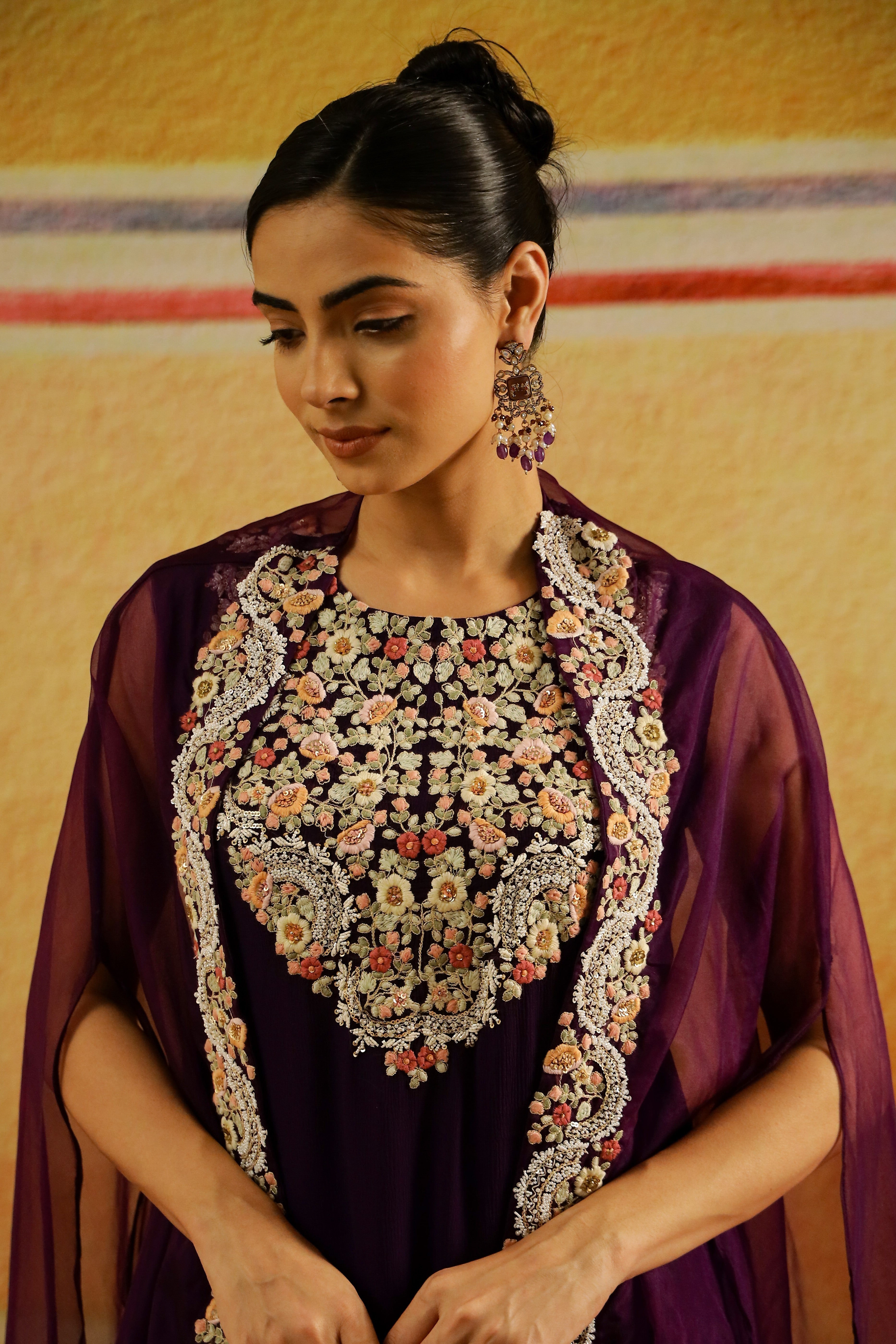 Purple Embroidered Chiffon Silk Sharara Set