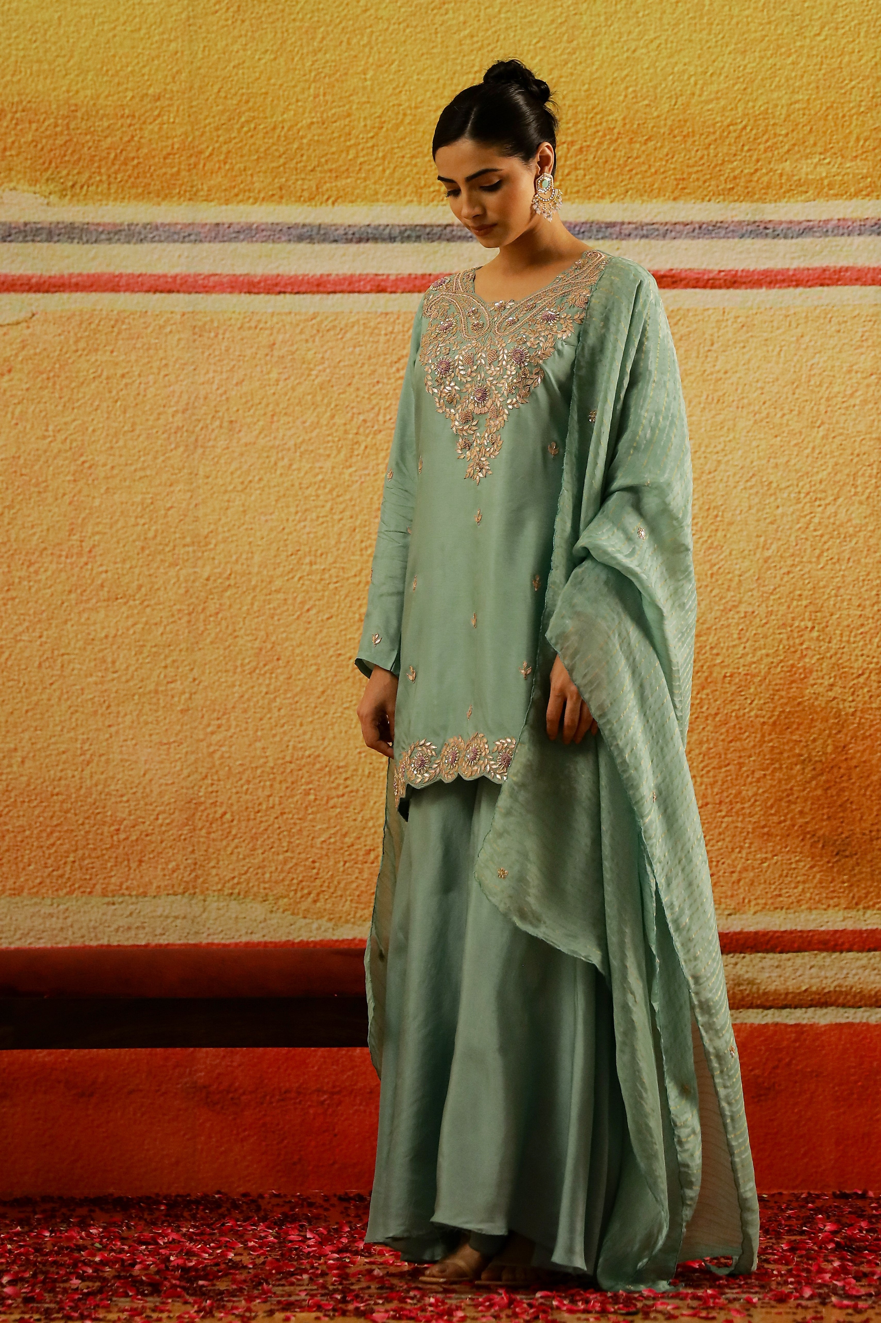 Turquoise Embroidered Italian Silk Palazzo Set