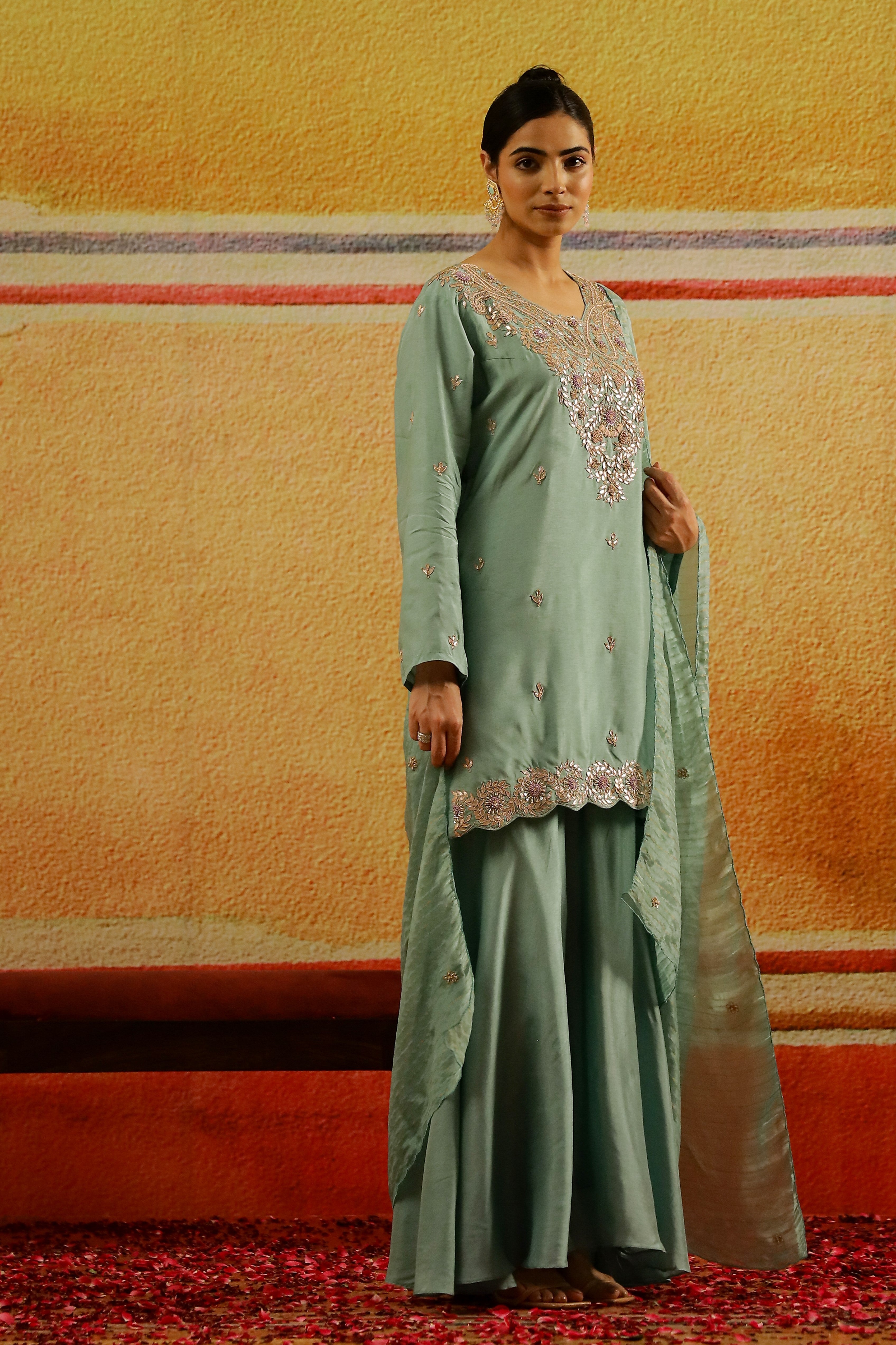 Turquoise Embroidered Italian Silk Palazzo Set