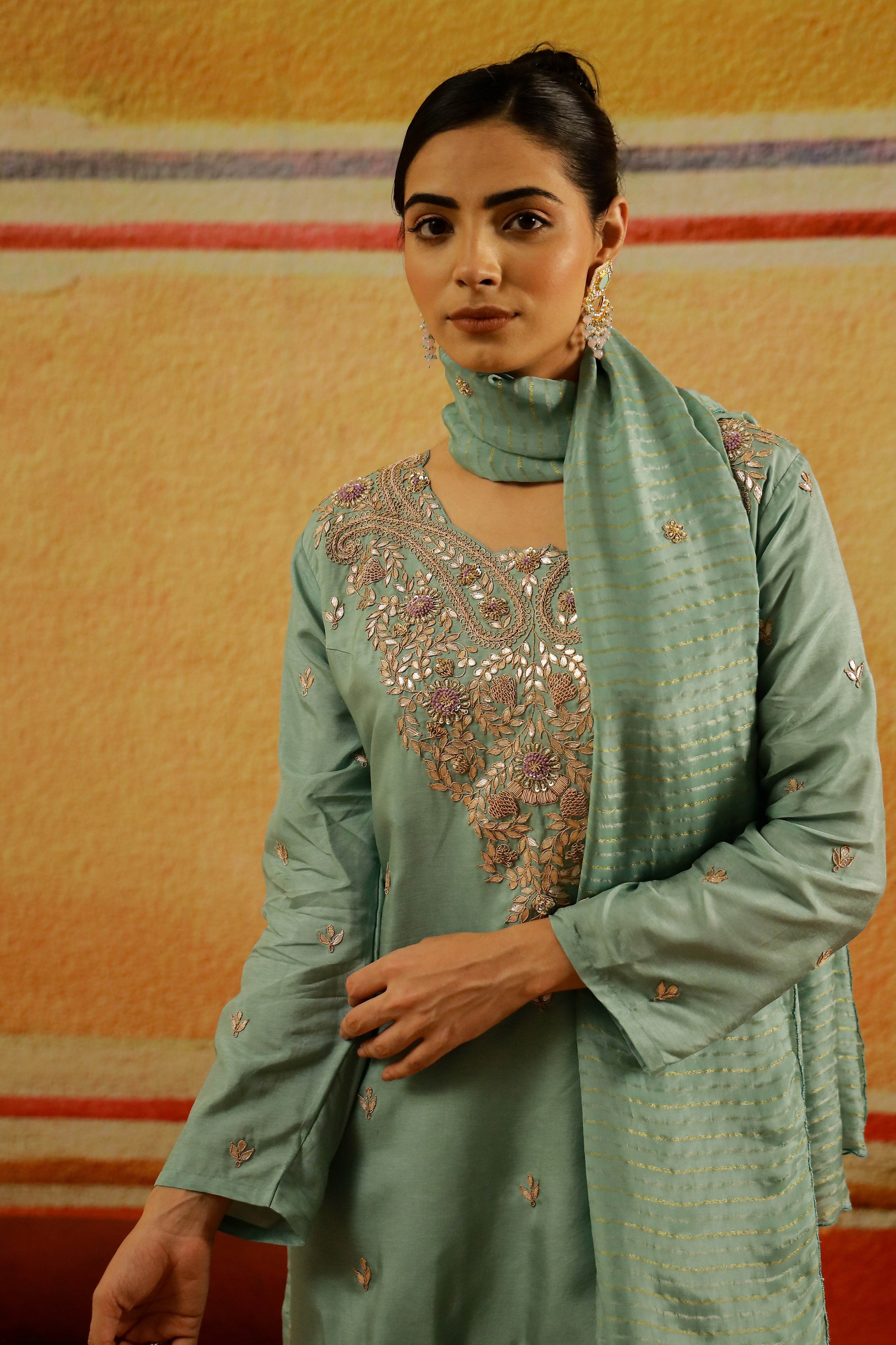 Turquoise Embroidered Italian Silk Palazzo Set