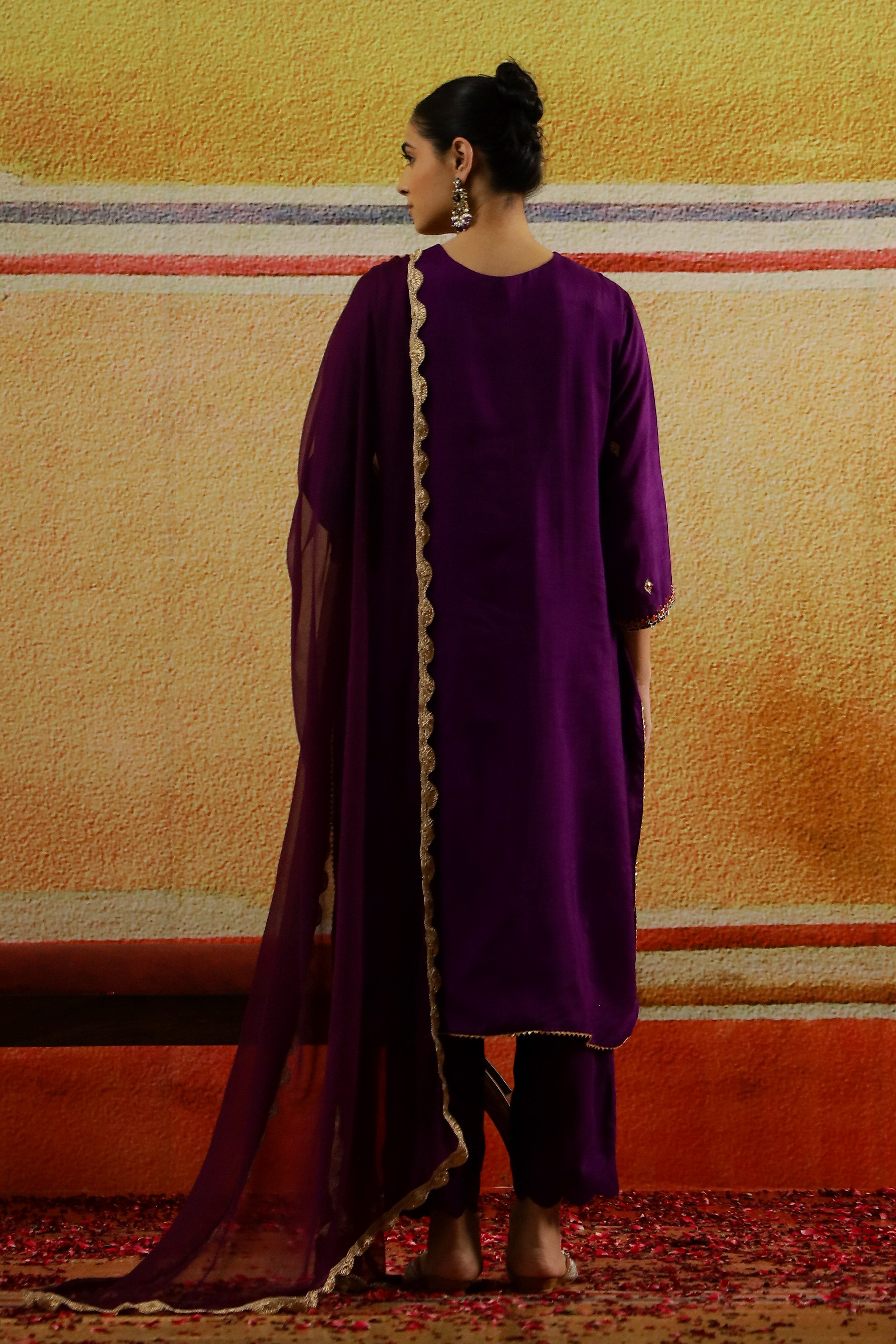 Deep Purple Embellished Raw Silk Pants Set