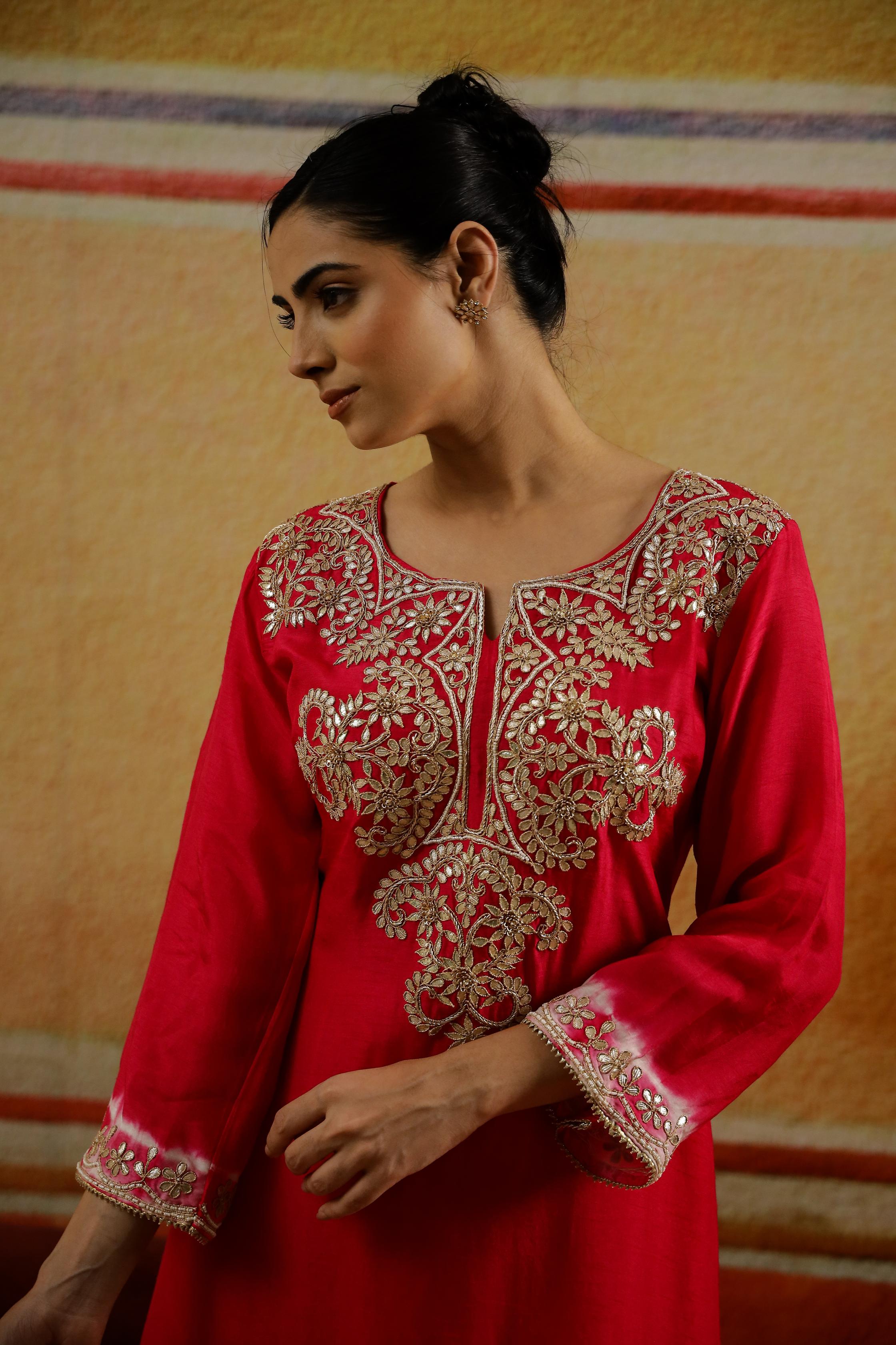 Cerise Pink Embroidered Raw Silk Kurta Set