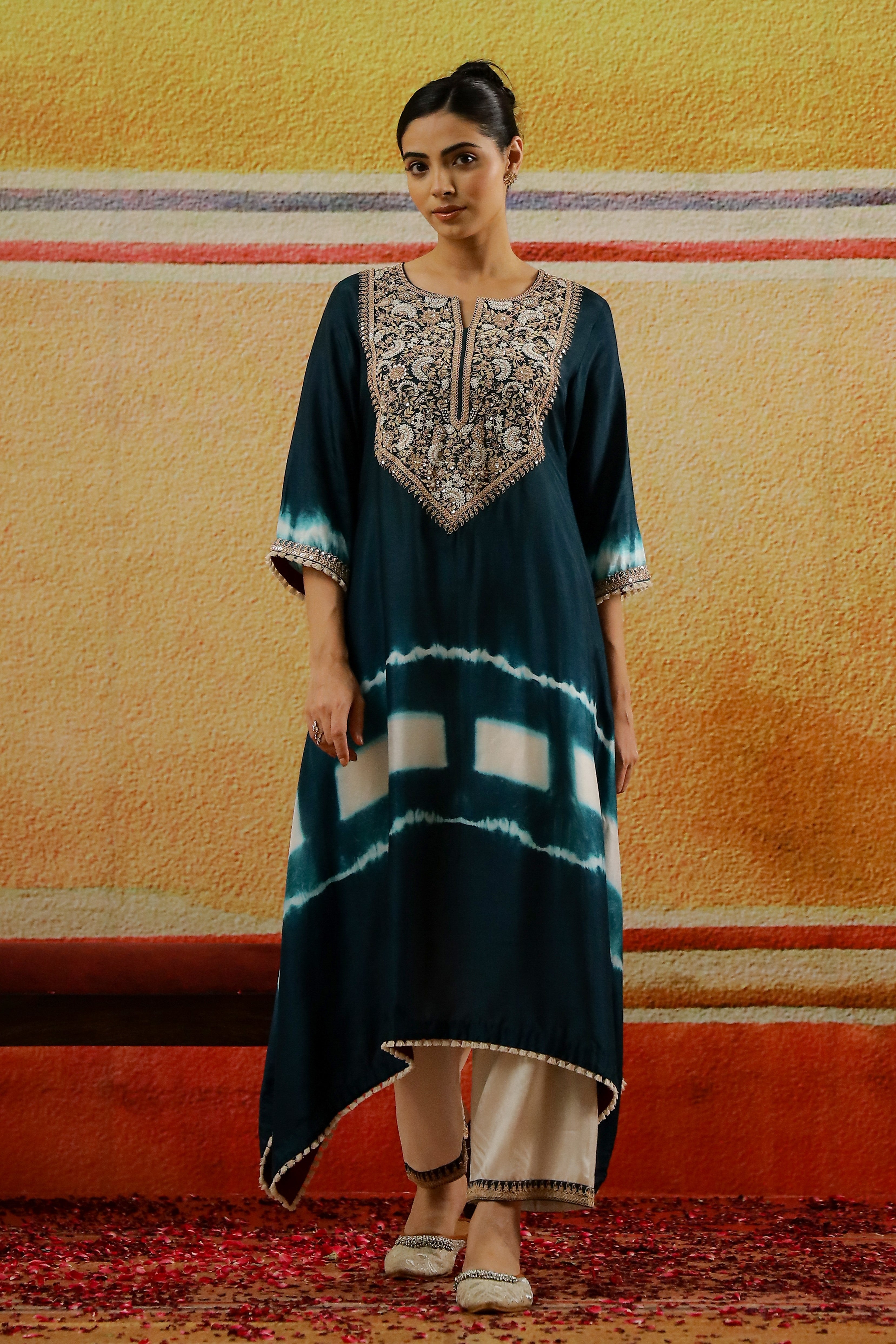 Dark Teal Embroidered German Silk Kurta Set