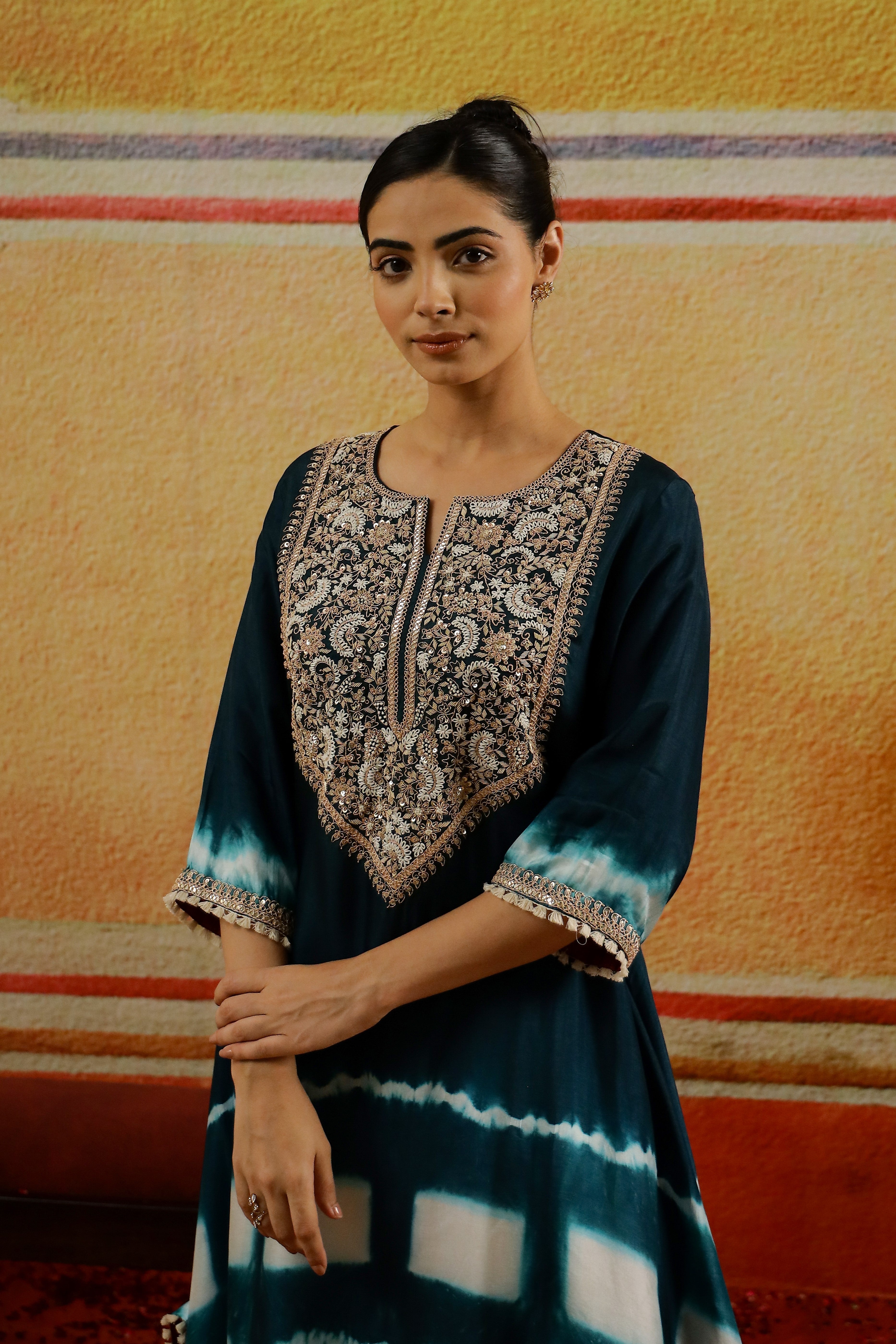 Dark Teal Embroidered German Silk Kurta Set