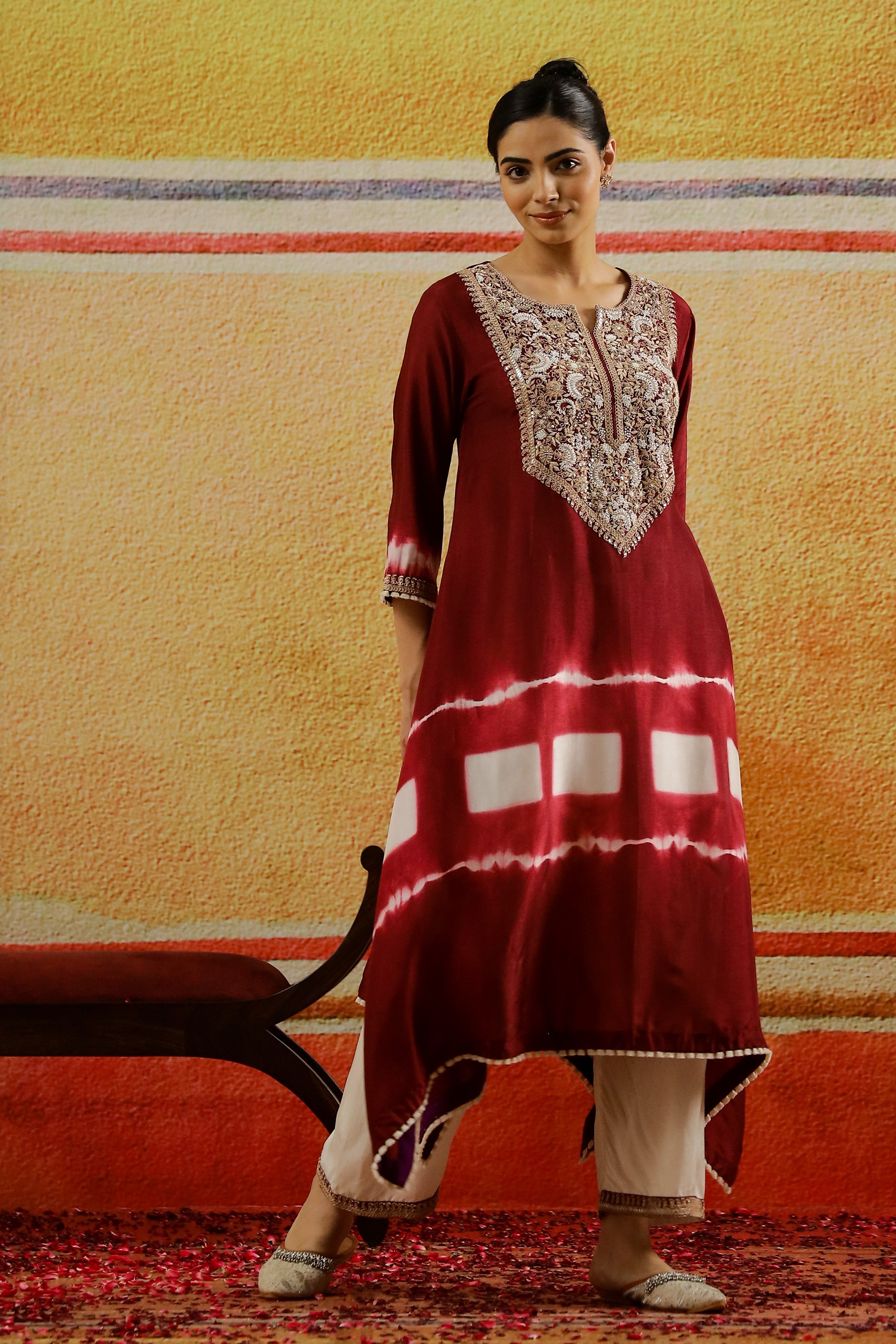 Red Embroidered German Silk Kurta Set