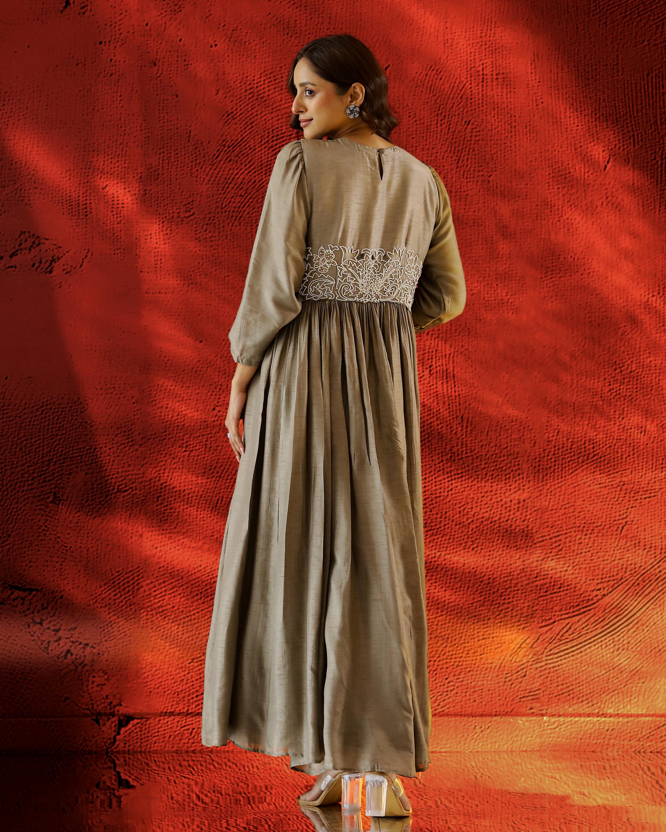 Sage Grey Embellished Raw Silk Gown