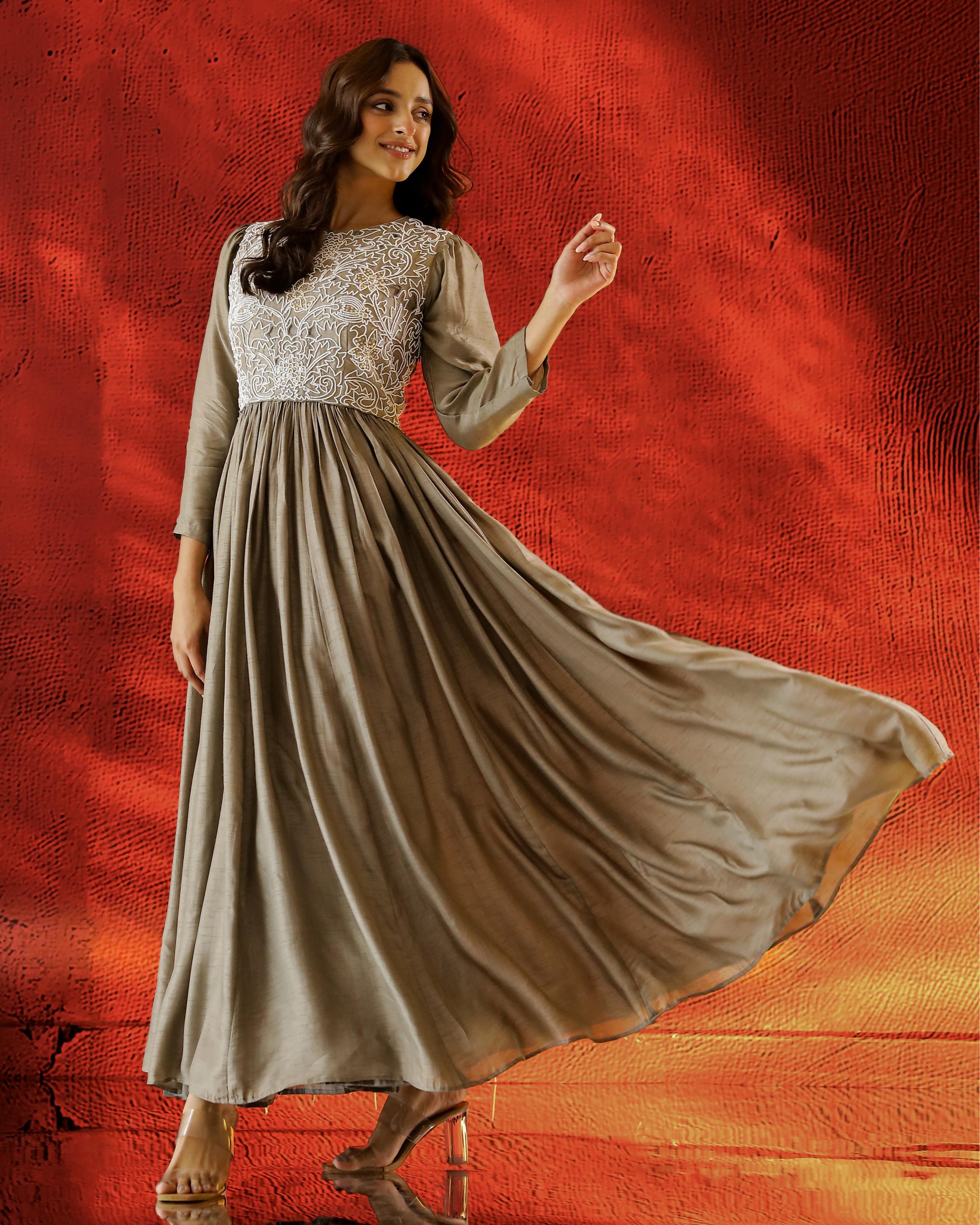 Sage Grey Embellished Raw Silk Gown