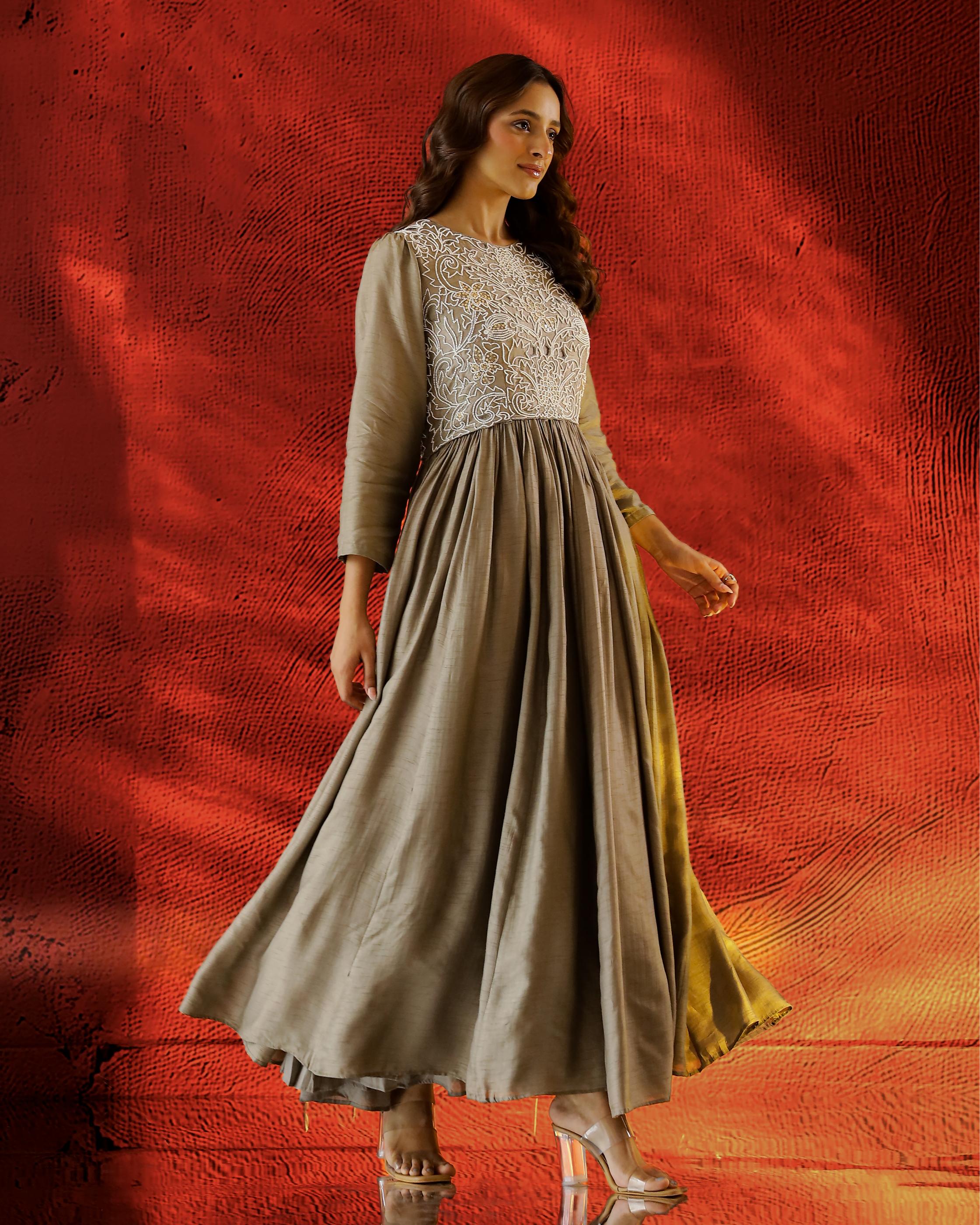 Sage Grey Embellished Raw Silk Gown